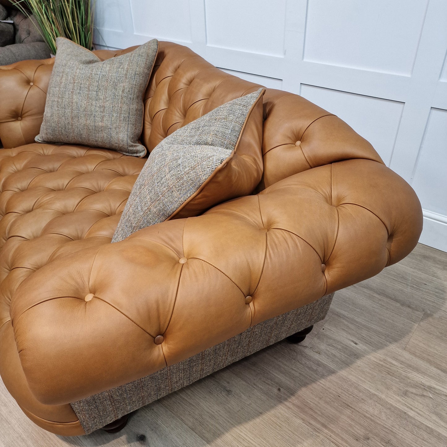 Beige Harris Tweed and Tan Leather Oskar Chesterfield - Rydan Interiors