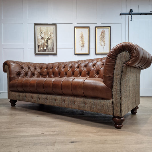 Buck 3 Seater Harris Tweed And Leather Sofa - Brown And Beige Herringbone - Rydan Interiors