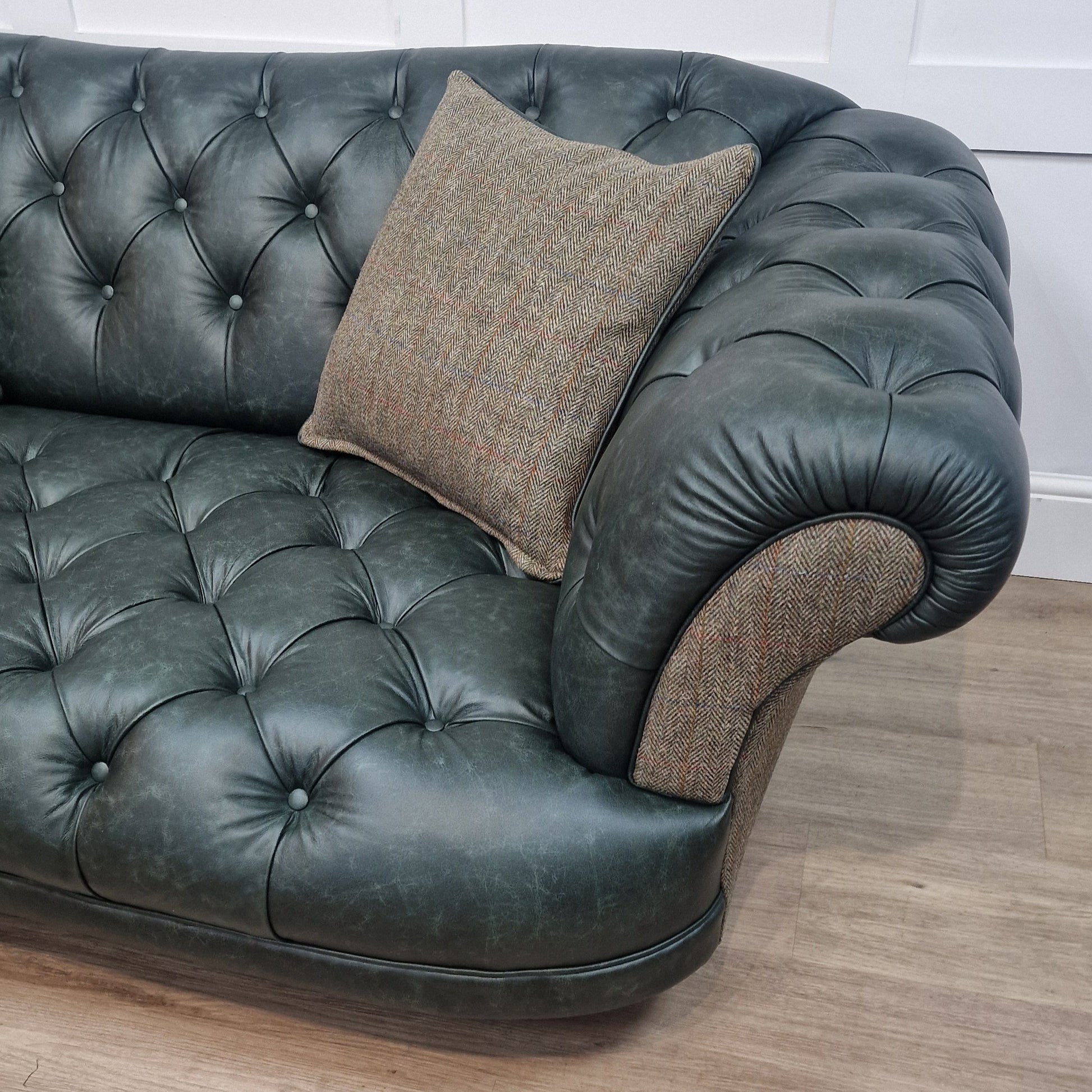 3 Seater Oskar Chesterfield | Heritage Green Leather & Green Mix Harris Tweed (Photography Model) - Rydan Interiors