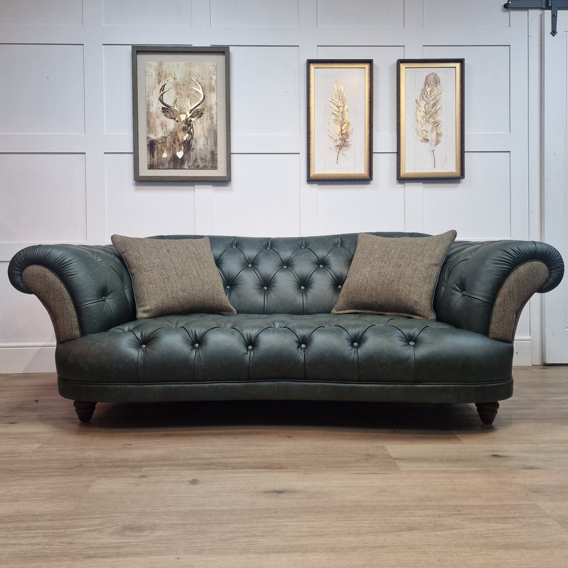 3 Seater Oskar Chesterfield | Heritage Green Leather & Green Mix Harris Tweed (Photography Model) - Rydan Interiors