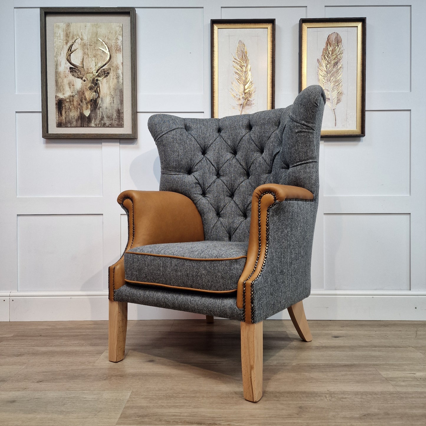 Grey Harris Tweed & Tan Leather Wingback Armchair - Torridon