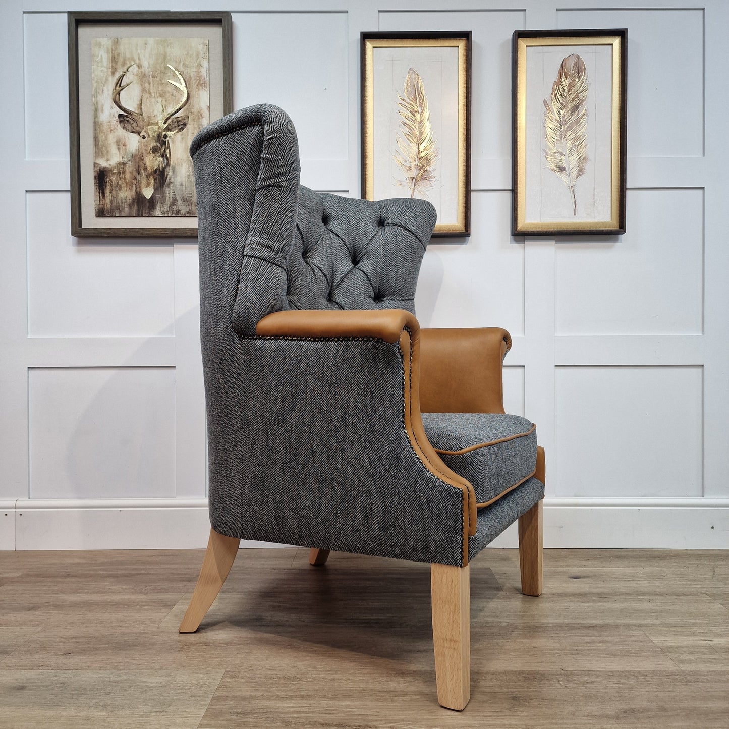 Grey Harris Tweed & Tan Leather Wingback Armchair - Torridon