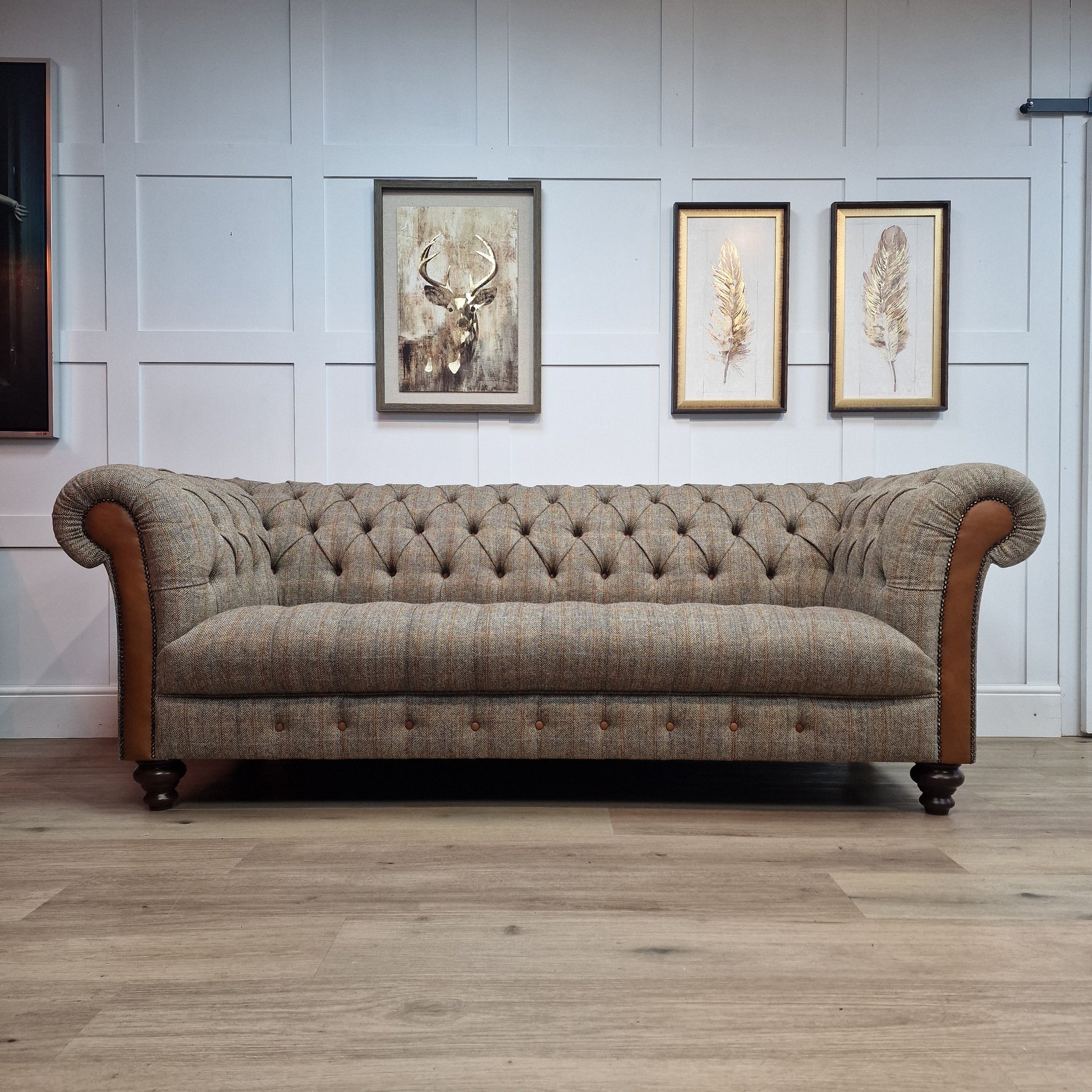 Beige And Brown Harris Tweed And Tan Leather Chesterfield | Stornoway - Rydan Interiors