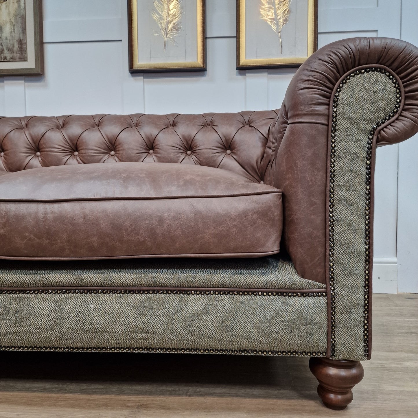 Harris Tweed And Brown Scratch Resistant Leather Sofa - Paisley - Rydan Interiors