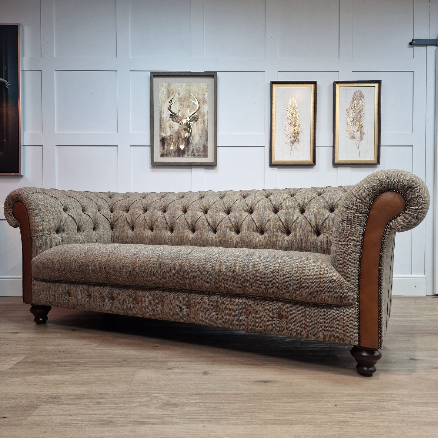 Beige And Brown Harris Tweed And Tan Leather Chesterfield | Stornoway - Rydan Interiors