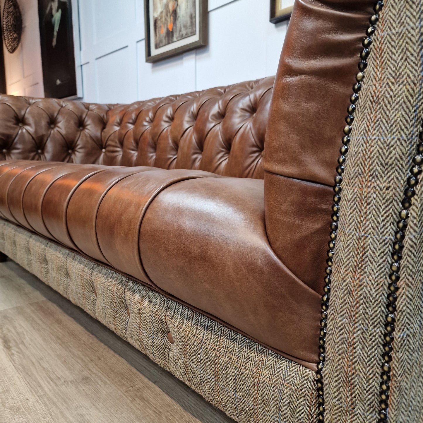 Buck 3 Seater Harris Tweed And Leather Sofa - Brown And Beige Herringbone - Rydan Interiors