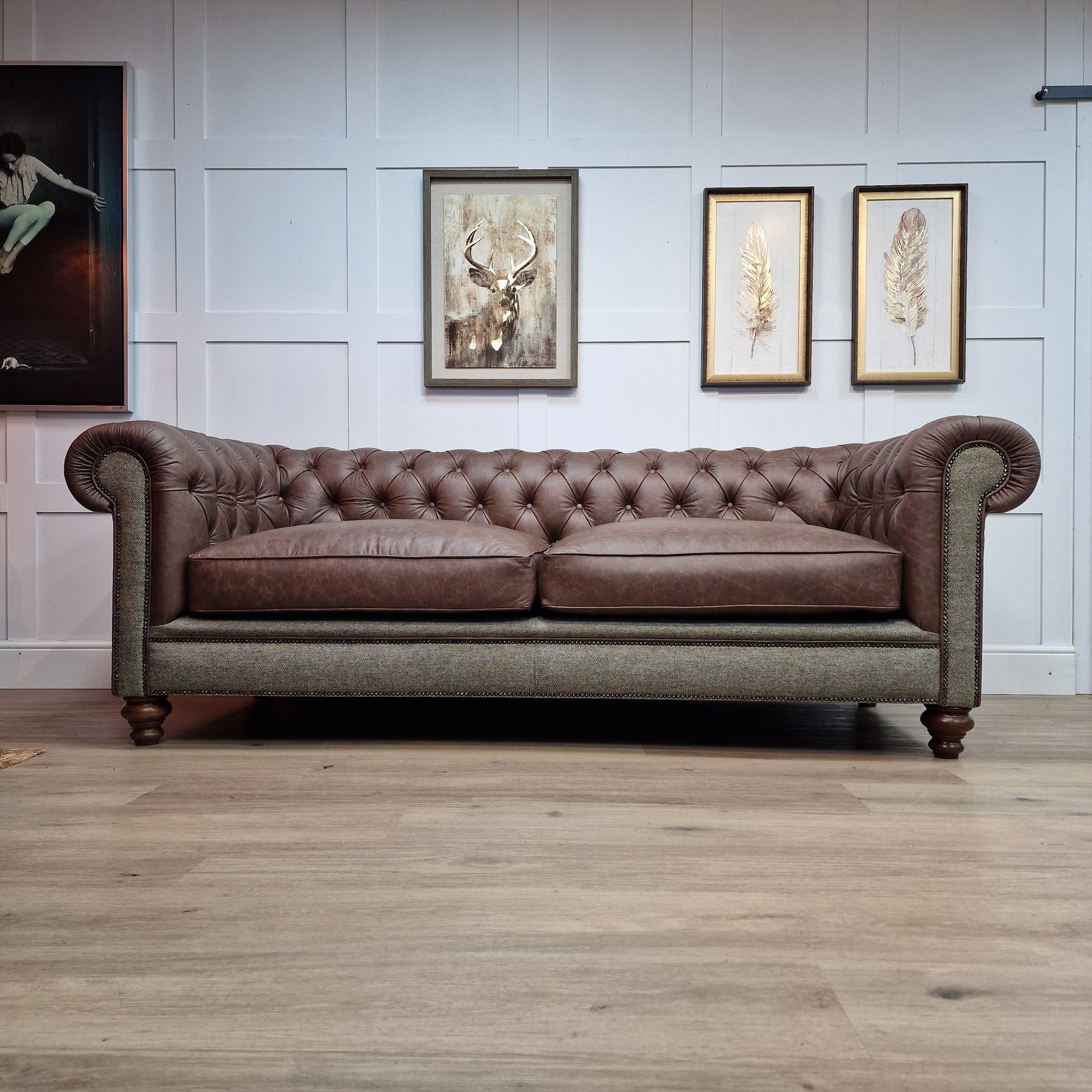 Harris Tweed And Brown Scratch Resistant Leather Sofa - Paisley - Rydan Interiors