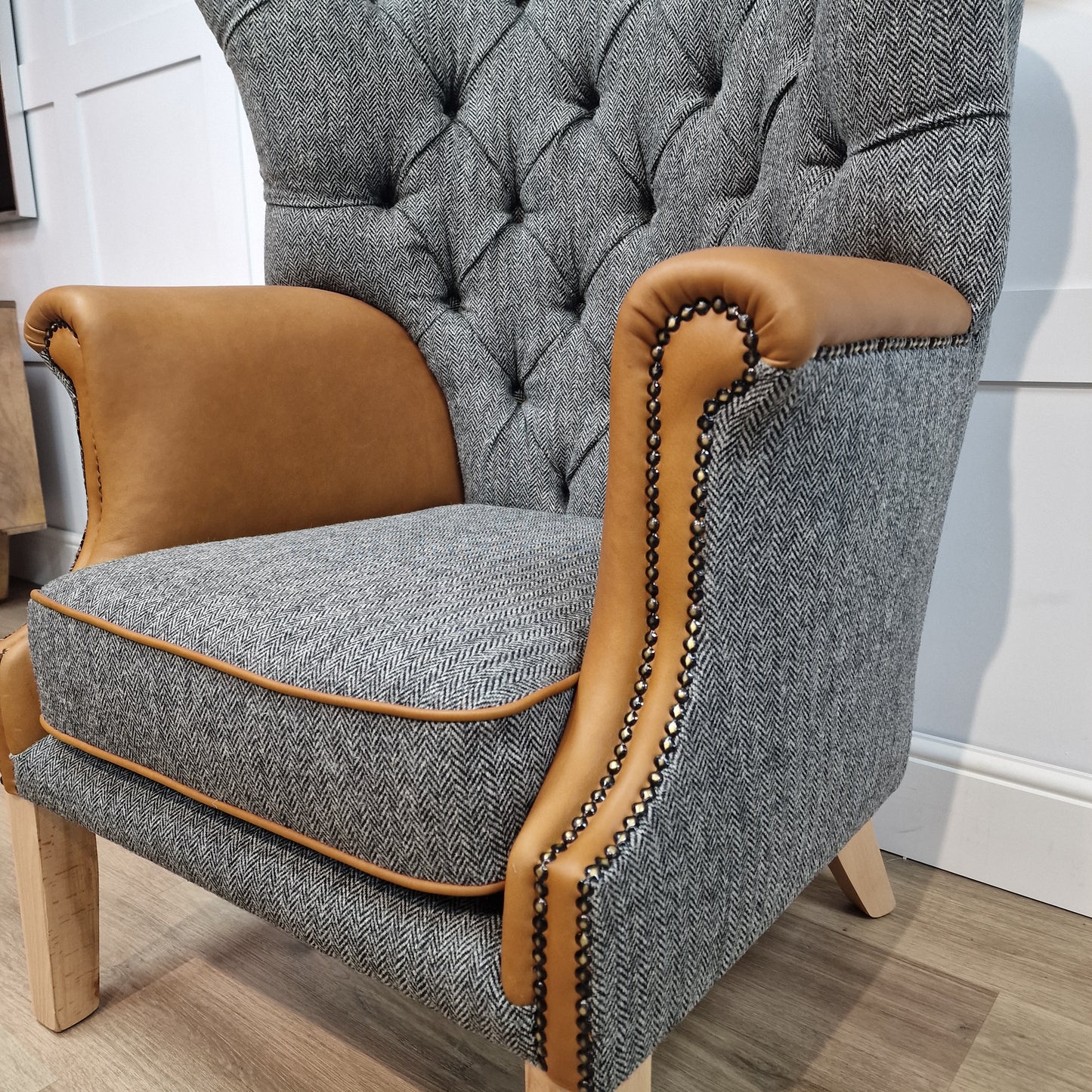 Grey Harris Tweed & Tan Leather Wingback Armchair - Torridon