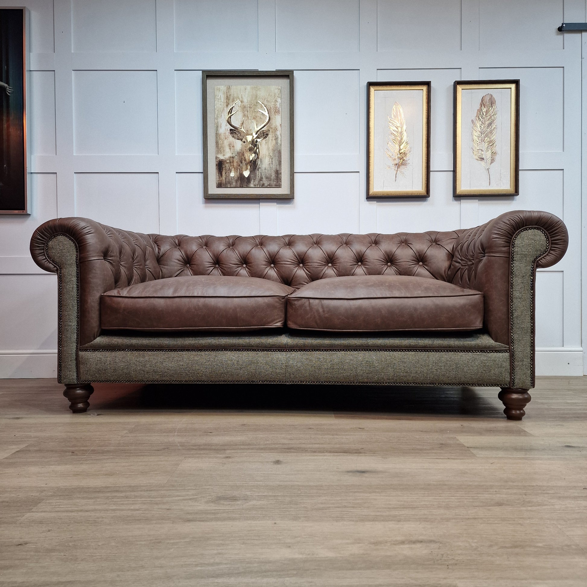 Harris Tweed And Brown Scratch Resistant Leather Sofa - Paisley - Rydan Interiors