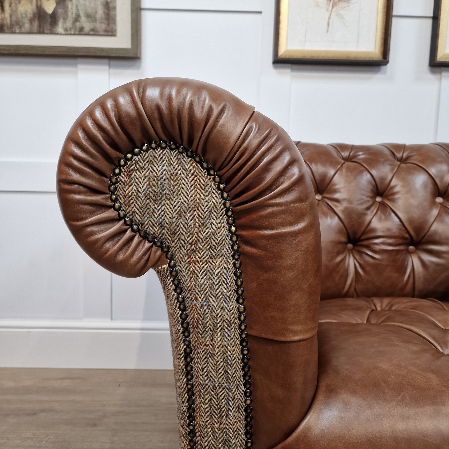 Buck Harris Tweed And Leather Armchair - Brown And Beige Herringbone - Rydan Interiors