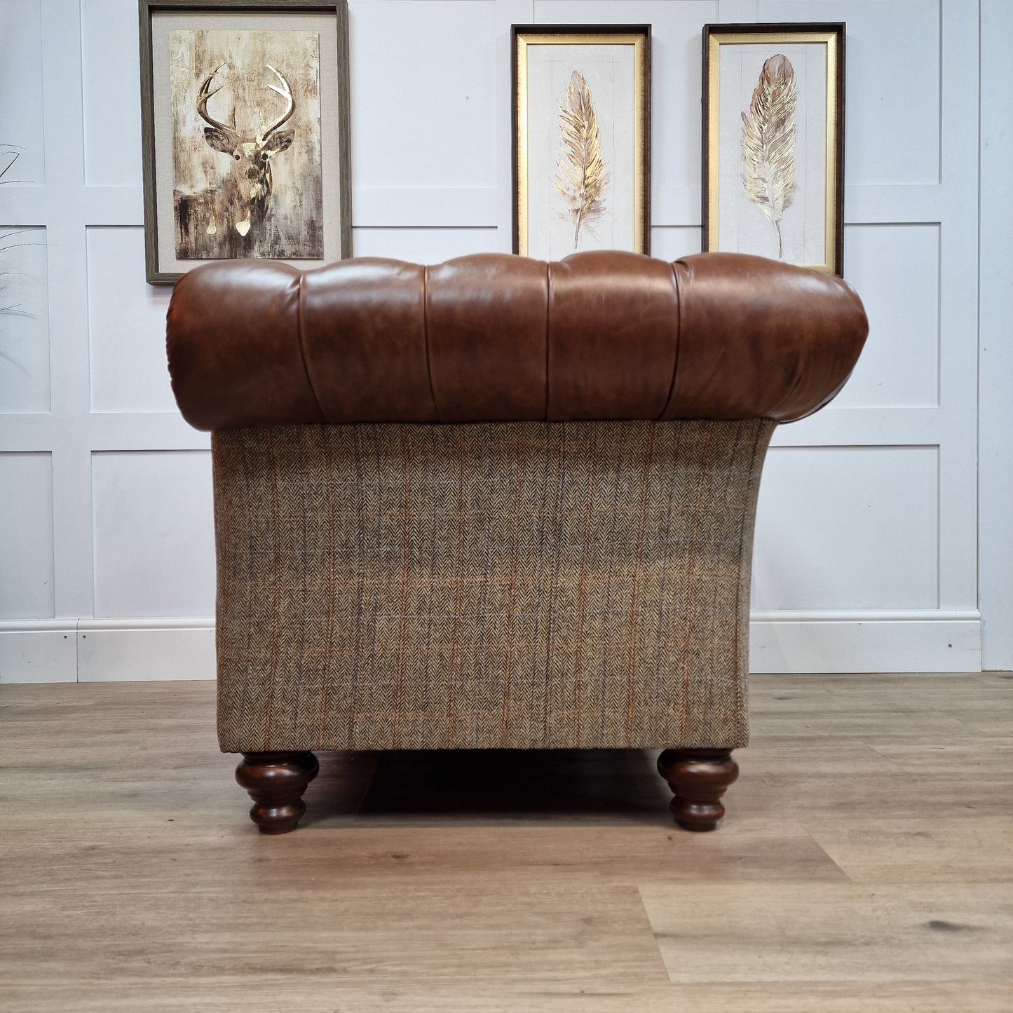 Buck Harris Tweed And Leather Armchair - Brown And Beige Herringbone - Rydan Interiors