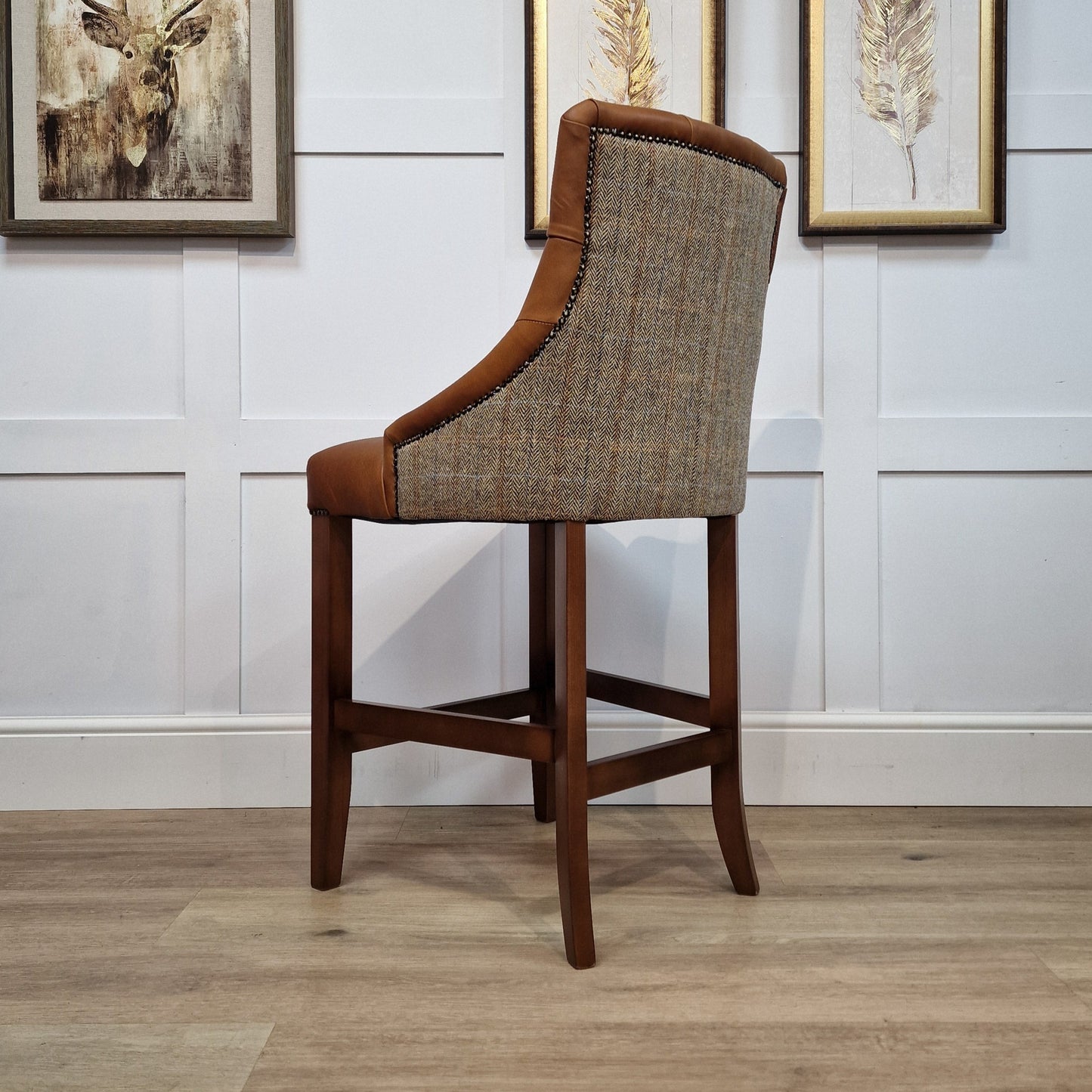 Eddy Brown And Beige Herringbone Harris Tweed and Brandi Leather Barstool - Rydan Interiors