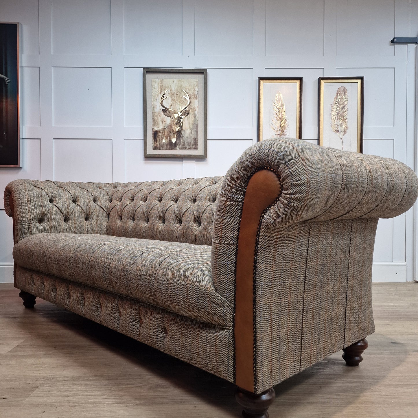 Beige And Brown Harris Tweed And Tan Leather Chesterfield | Stornoway - Rydan Interiors