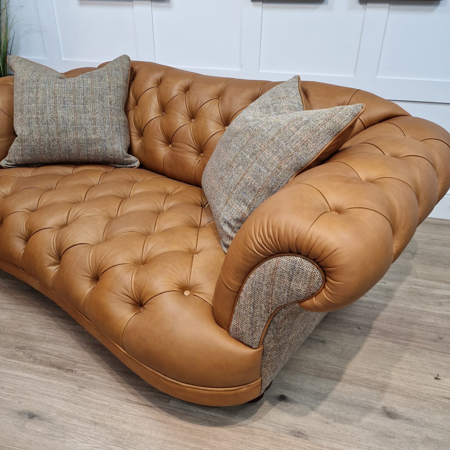 Beige Harris Tweed and Tan Leather Oskar Chesterfield - Rydan Interiors