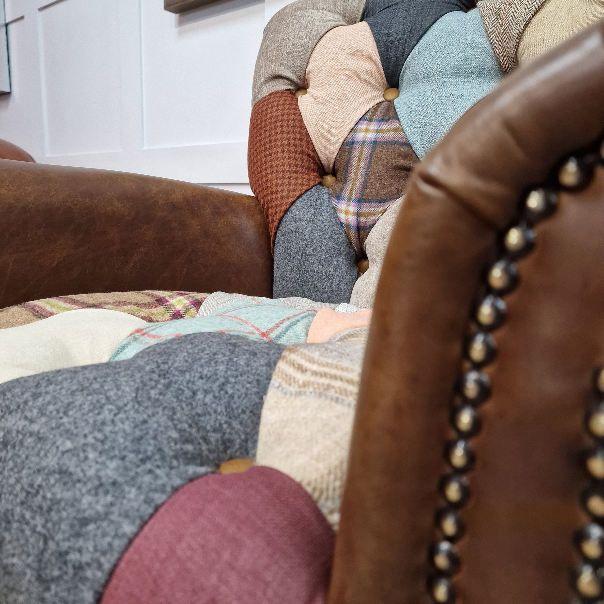 Patchwork Armchair With Leather and Harris Tweed  - Harlequin - Rydan Interiors