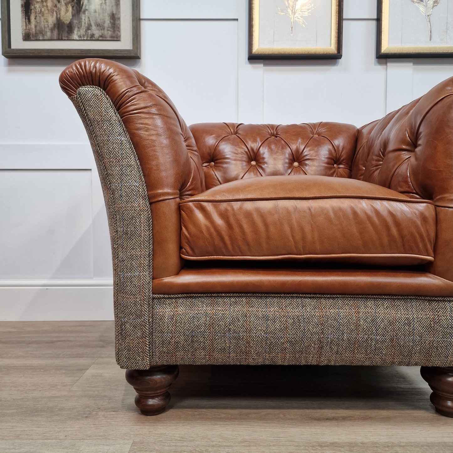 Beige Harris Tweed & Highland Whiskey Leather Armchair - Enfield