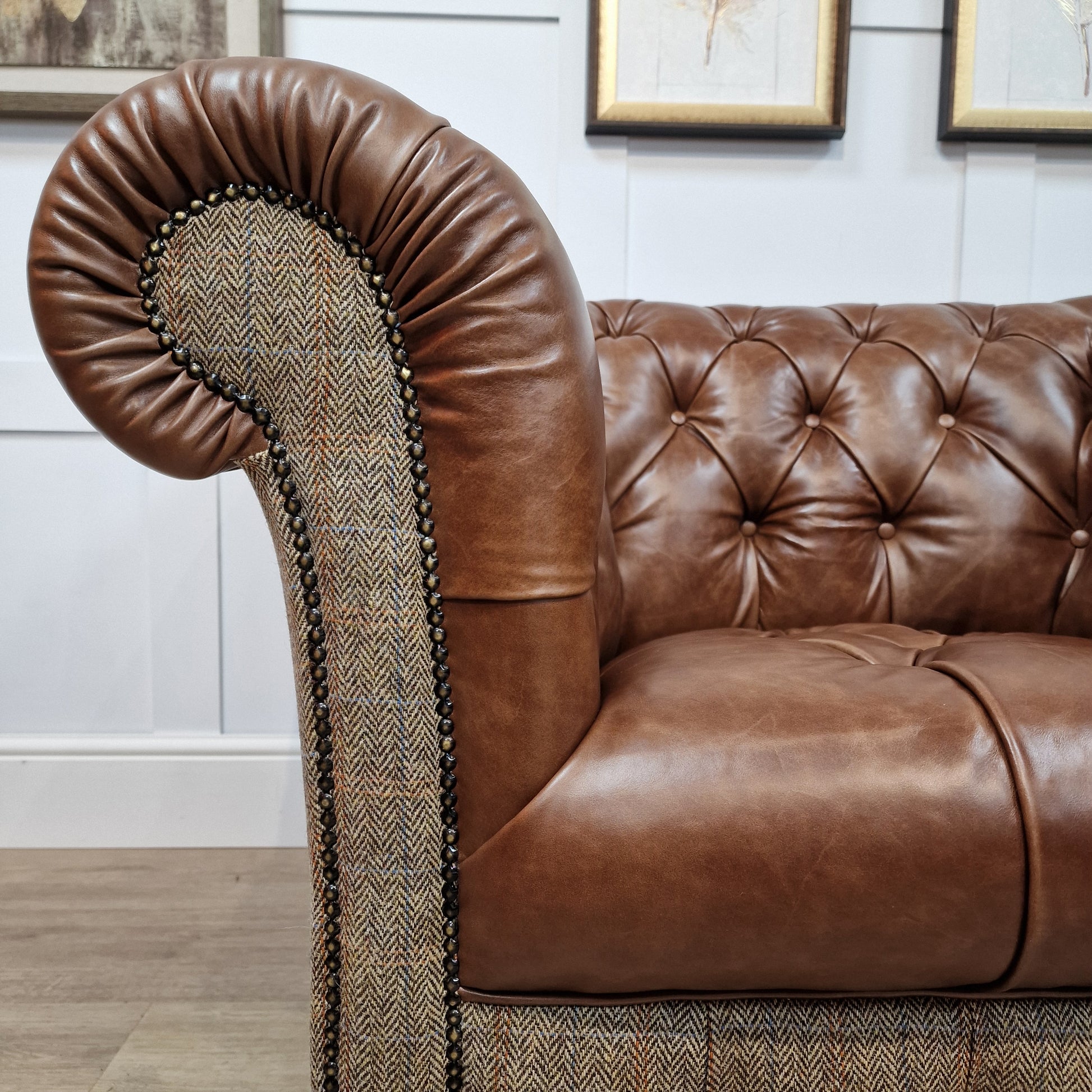 Buck Harris Tweed And Leather Armchair - Brown And Beige Herringbone - Rydan Interiors