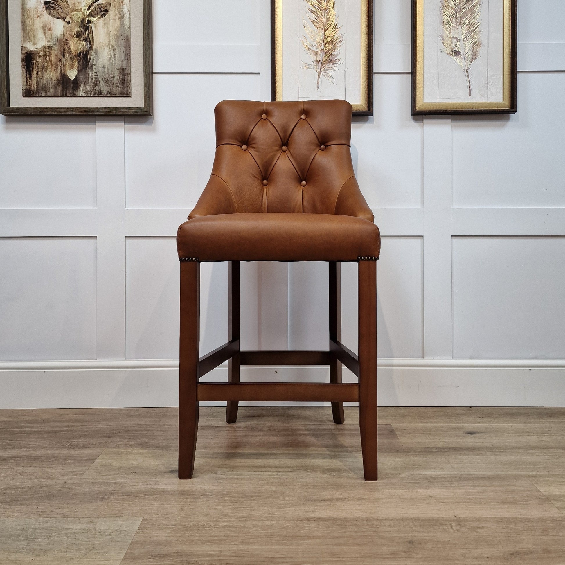 Eddy Brown And Beige Herringbone Harris Tweed and Brandi Leather Barstool - Rydan Interiors