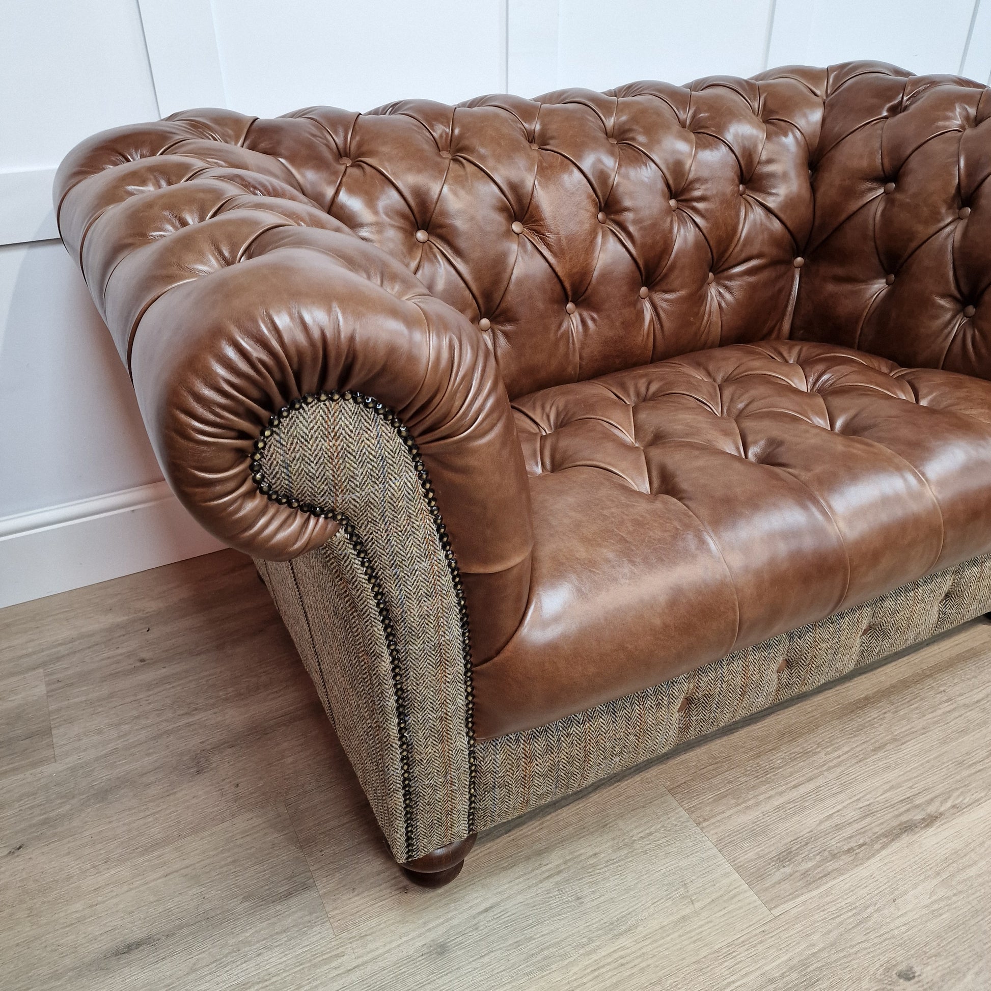 Buck Snuggler Chair Harris Tweed And Leather - Brown And Beige Herringbone - Rydan Interiors