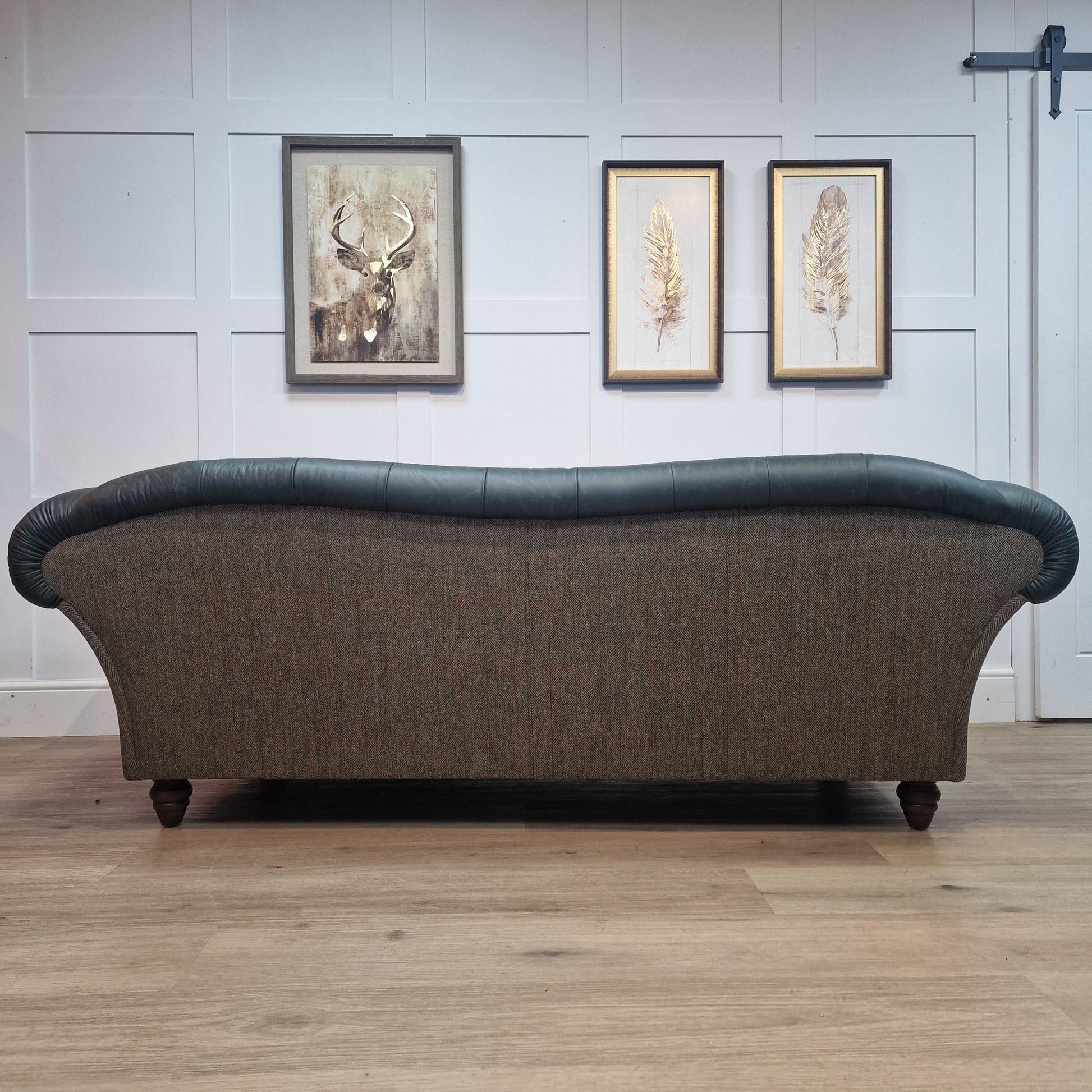 3 Seater Oskar Chesterfield | Heritage Green Leather & Green Mix Harris Tweed (Photography Model) - Rydan Interiors