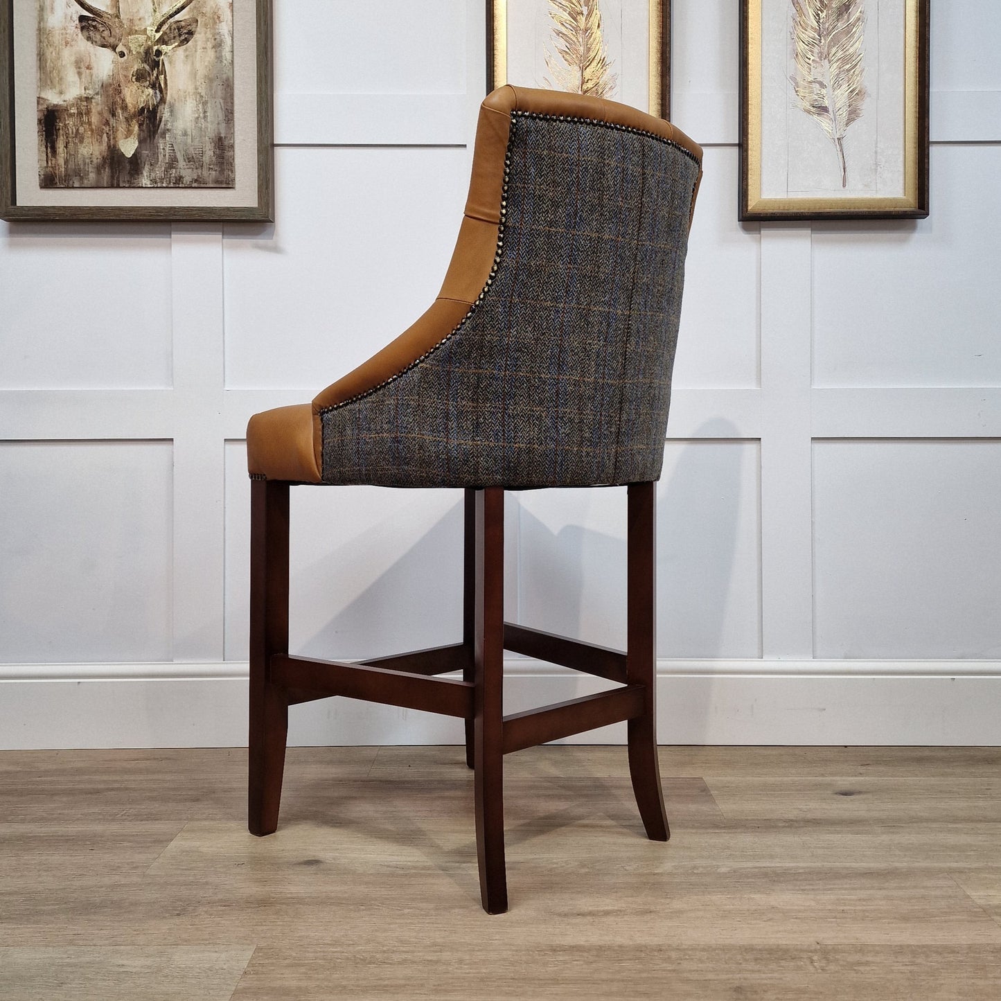 Eddy Grey And Blue Herringbone Harris Tweed and Malfi Tan Leather Barstool - Rydan Interiors