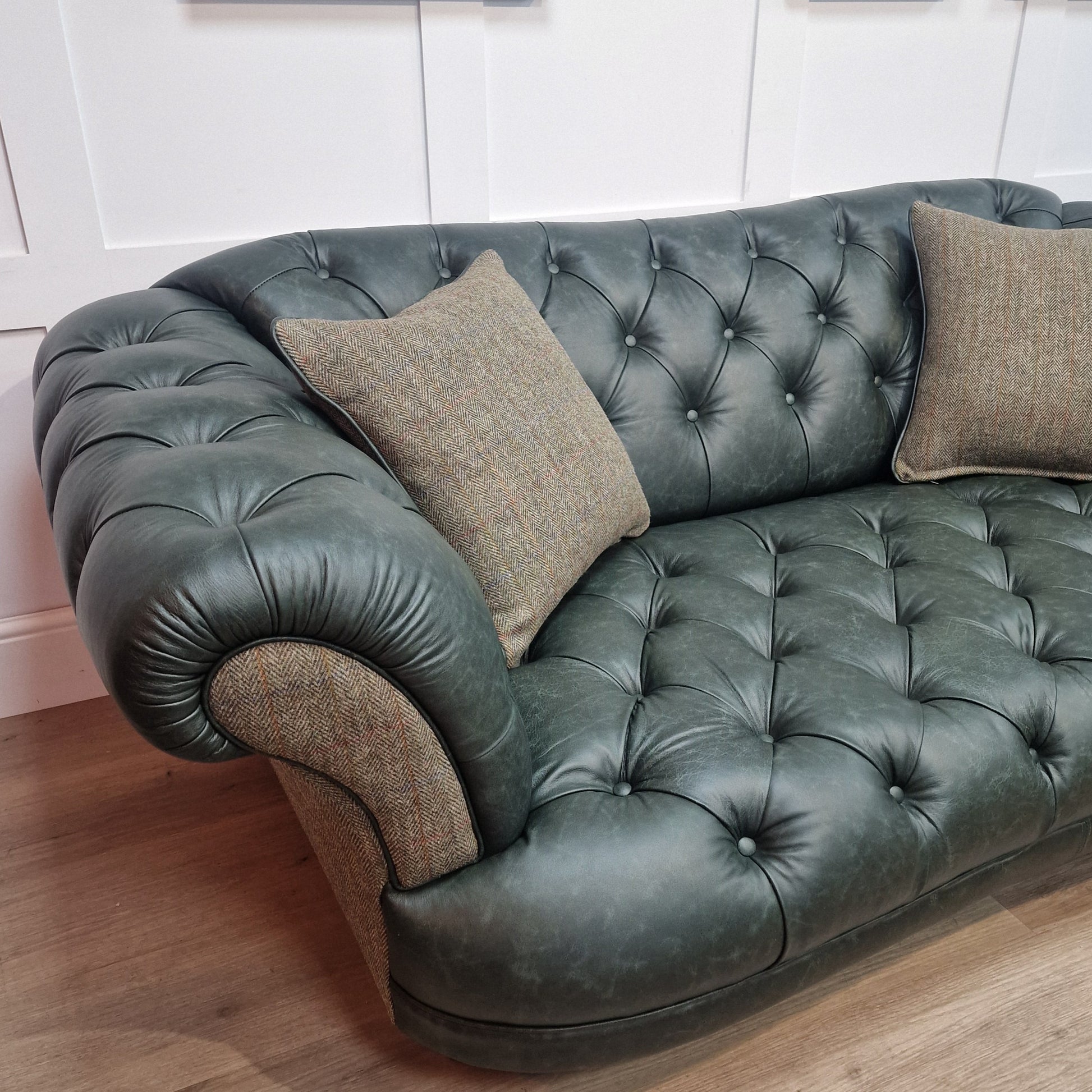 3 Seater Oskar Chesterfield | Heritage Green Leather & Green Mix Harris Tweed (Photography Model) - Rydan Interiors