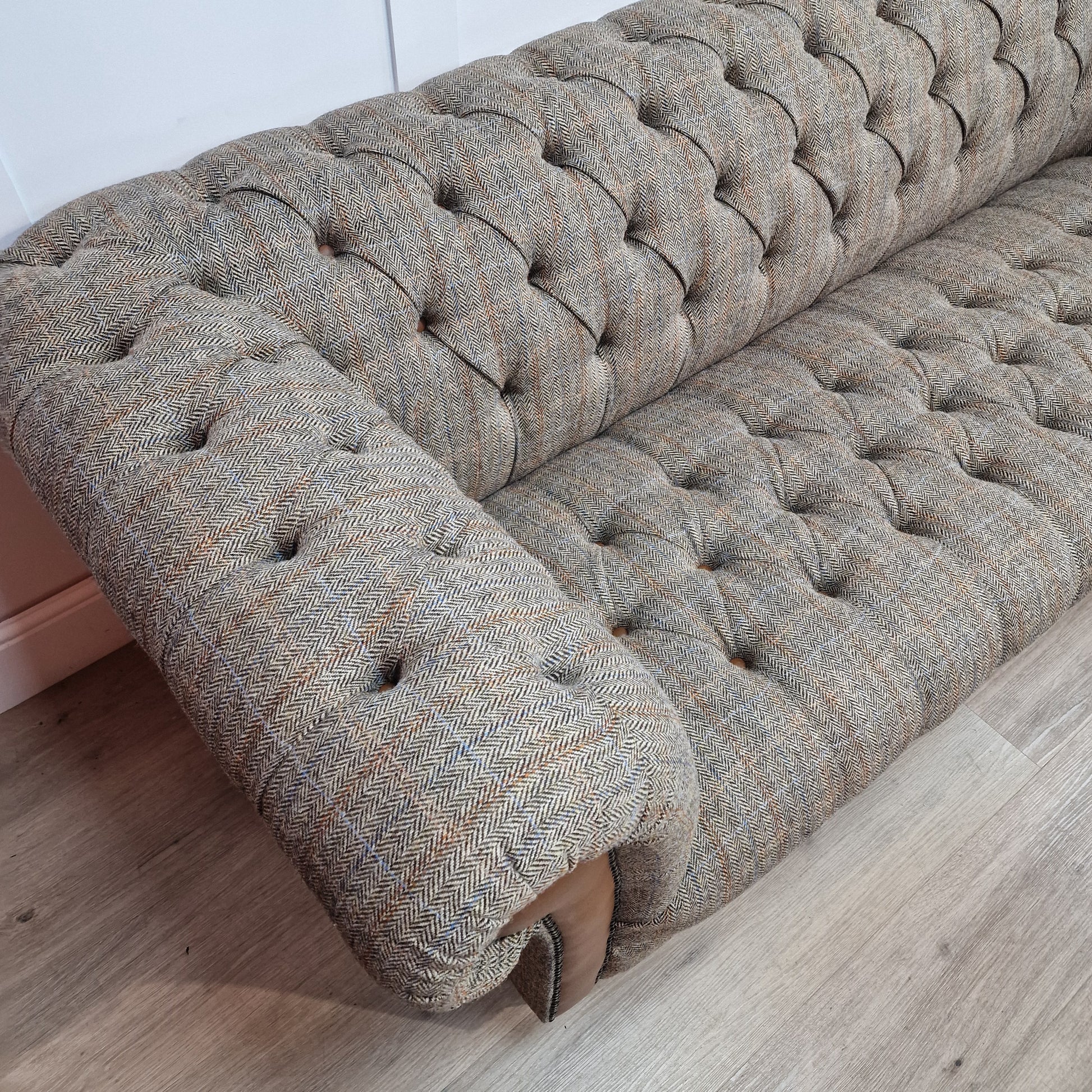 Beige And Brown Harris Tweed And Tan Leather Chesterfield | Stornoway - Rydan Interiors