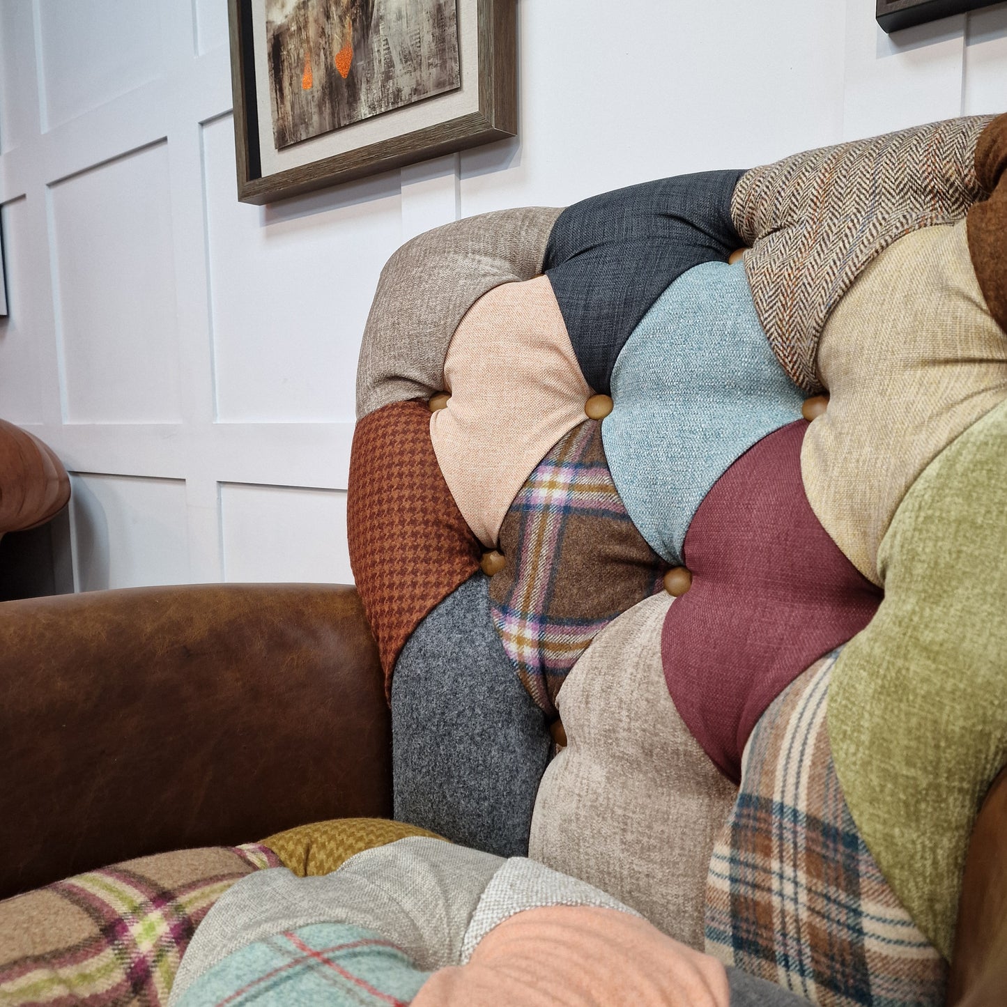 Patchwork Armchair With Leather and Harris Tweed  - Harlequin - Rydan Interiors