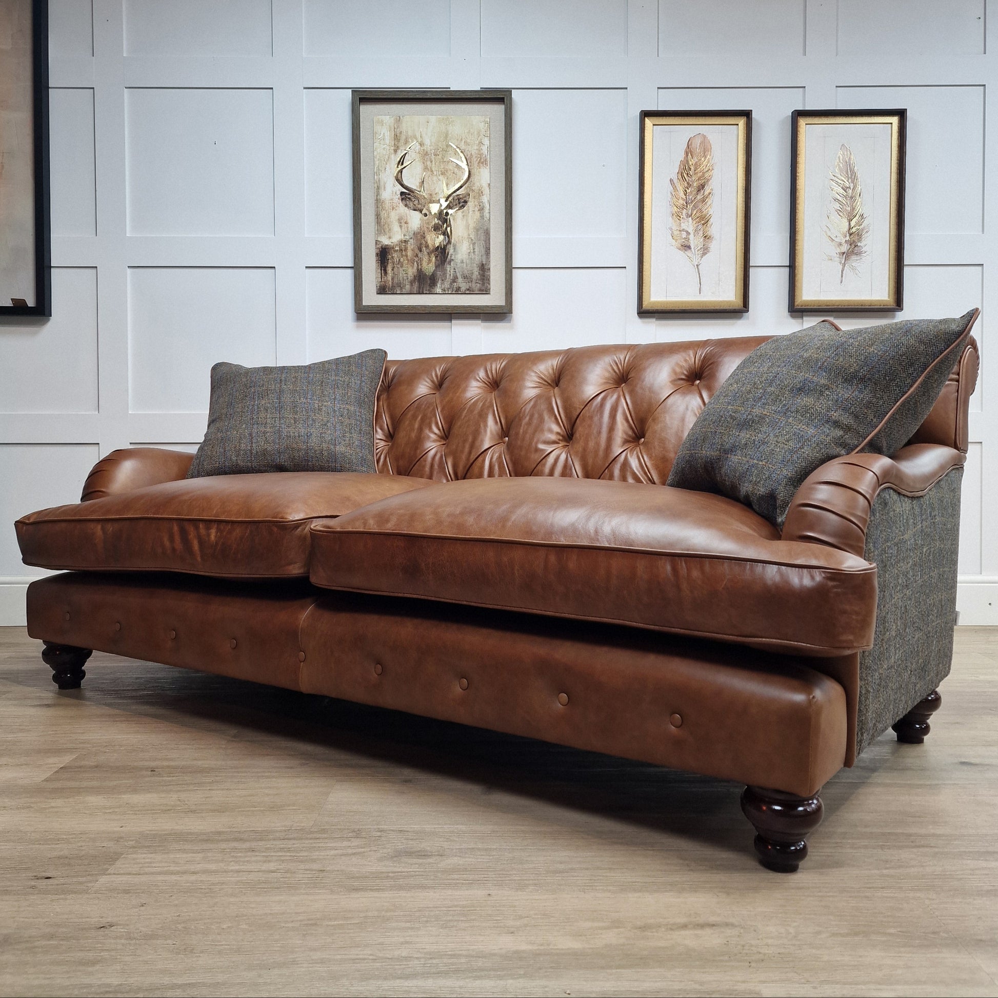 Conrad High Back Harris Tweed Leather Sofa Beige Brown