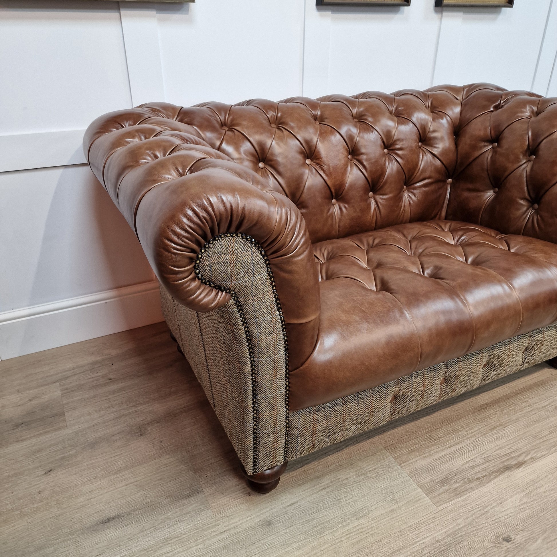 Buck Snuggler Chair Harris Tweed And Leather - Brown And Beige Herringbone - Rydan Interiors