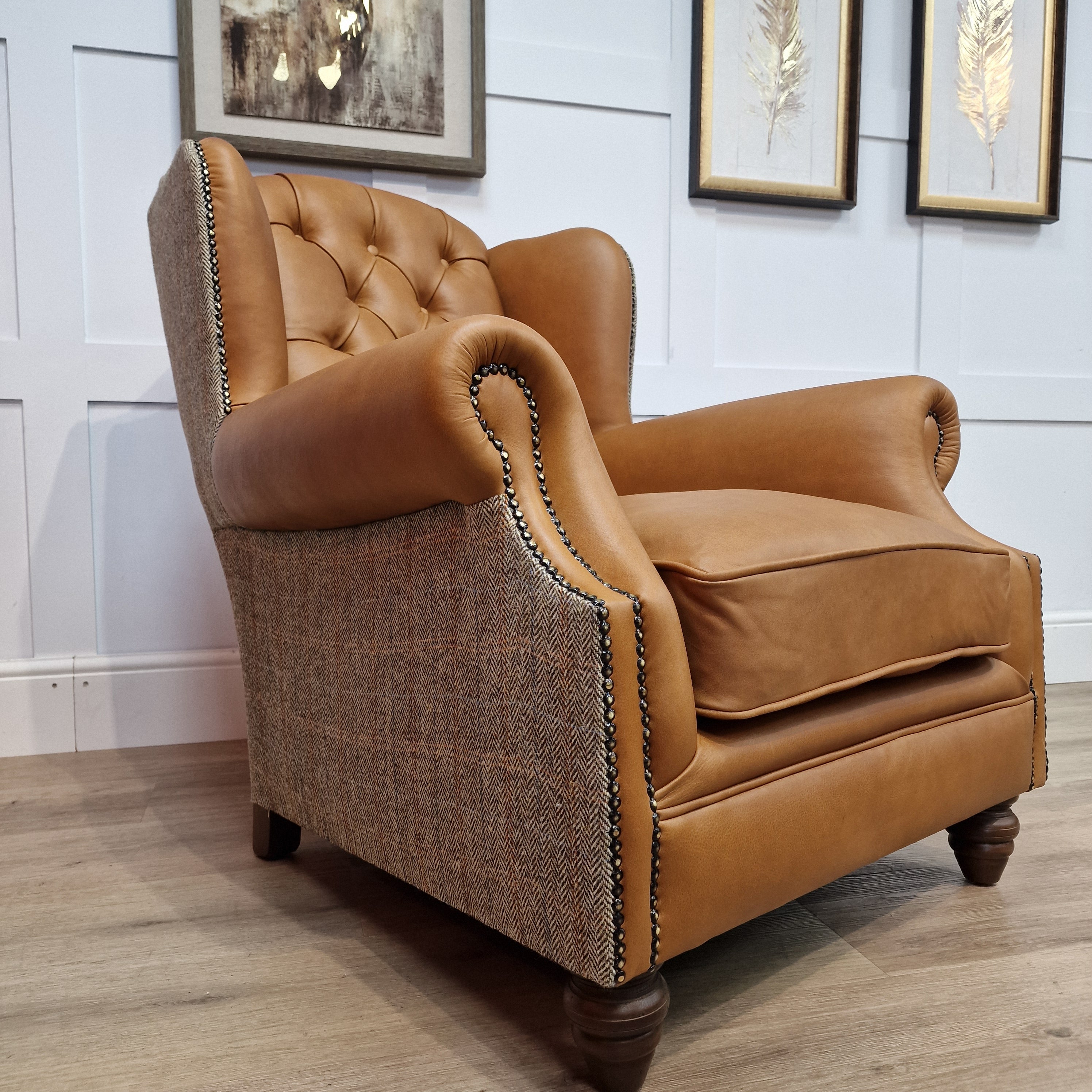 Oskar Harris Tweed And Tan Leather Armchair Beige And Brown Herringb Rydan Interiors