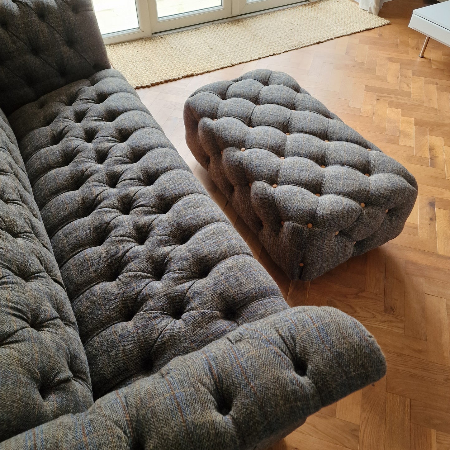 Medium Harris Tweed Footstool Grey and Blue Herringbone | Bernie - Rydan Interiors