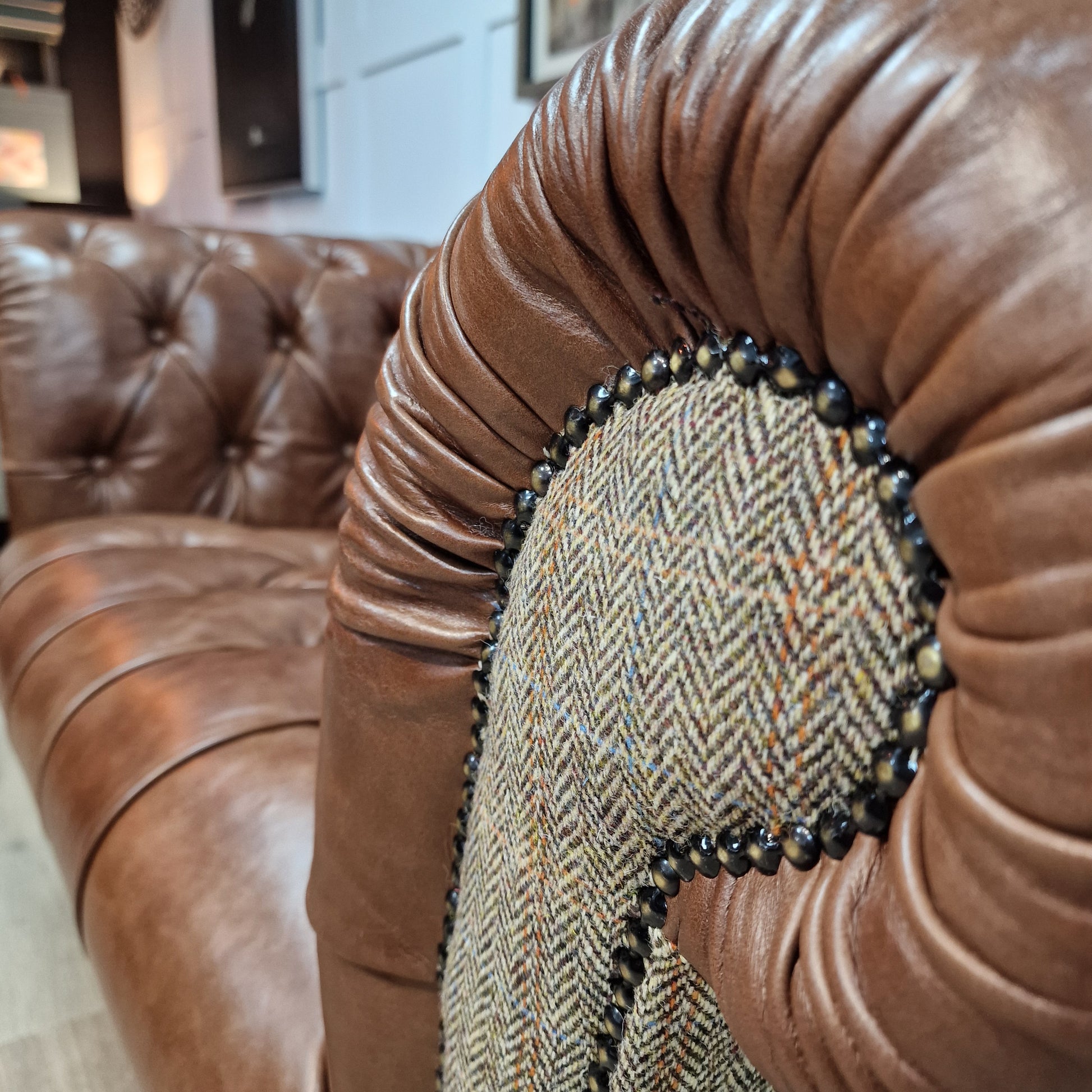 Buck Snuggler Chair Harris Tweed And Leather - Brown And Beige Herringbone - Rydan Interiors