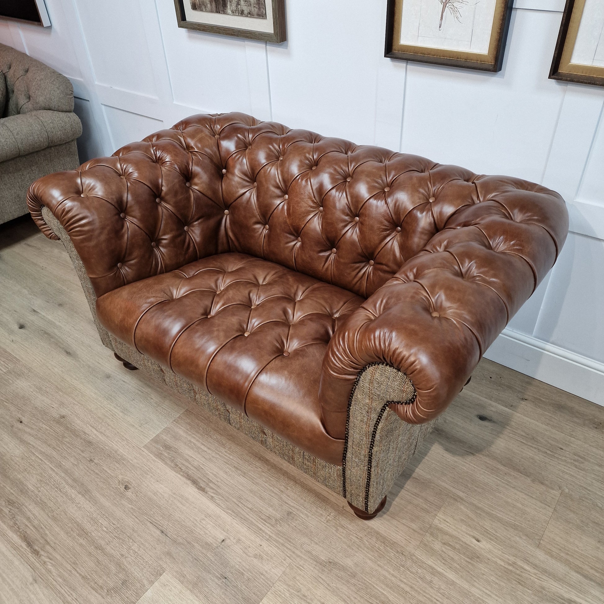 Buck Snuggler Chair Harris Tweed And Leather - Brown And Beige Herringbone - Rydan Interiors