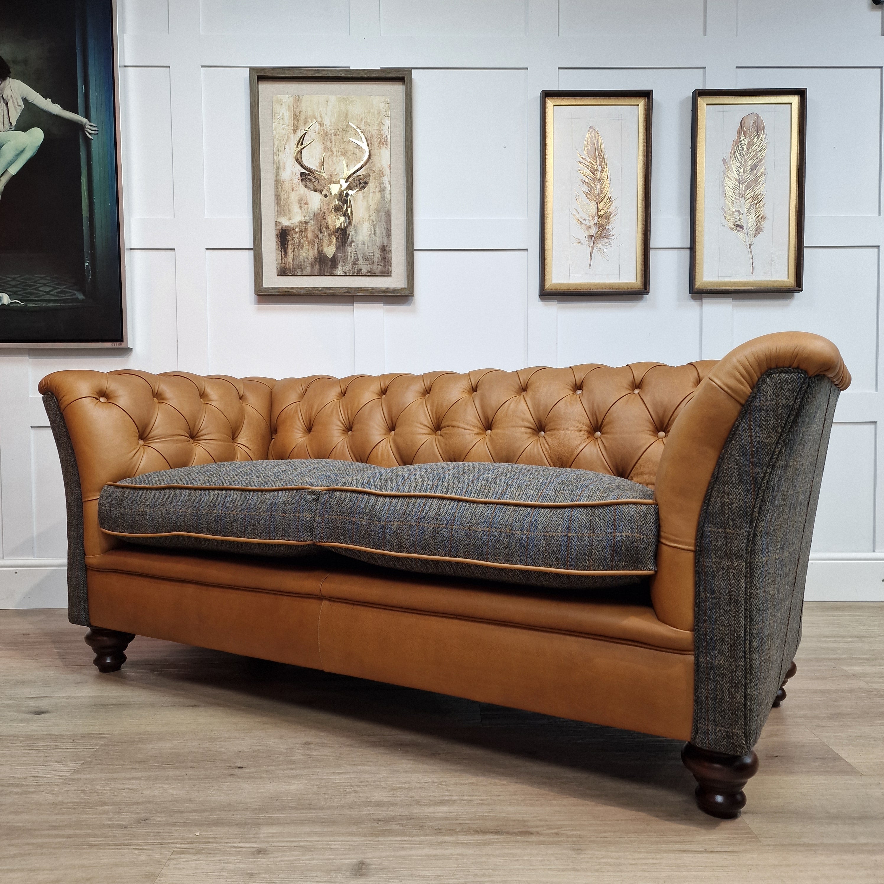 Tahay Harris Tweed & Leather Sofa | Grey & Blue Herringbone | Rydan ...