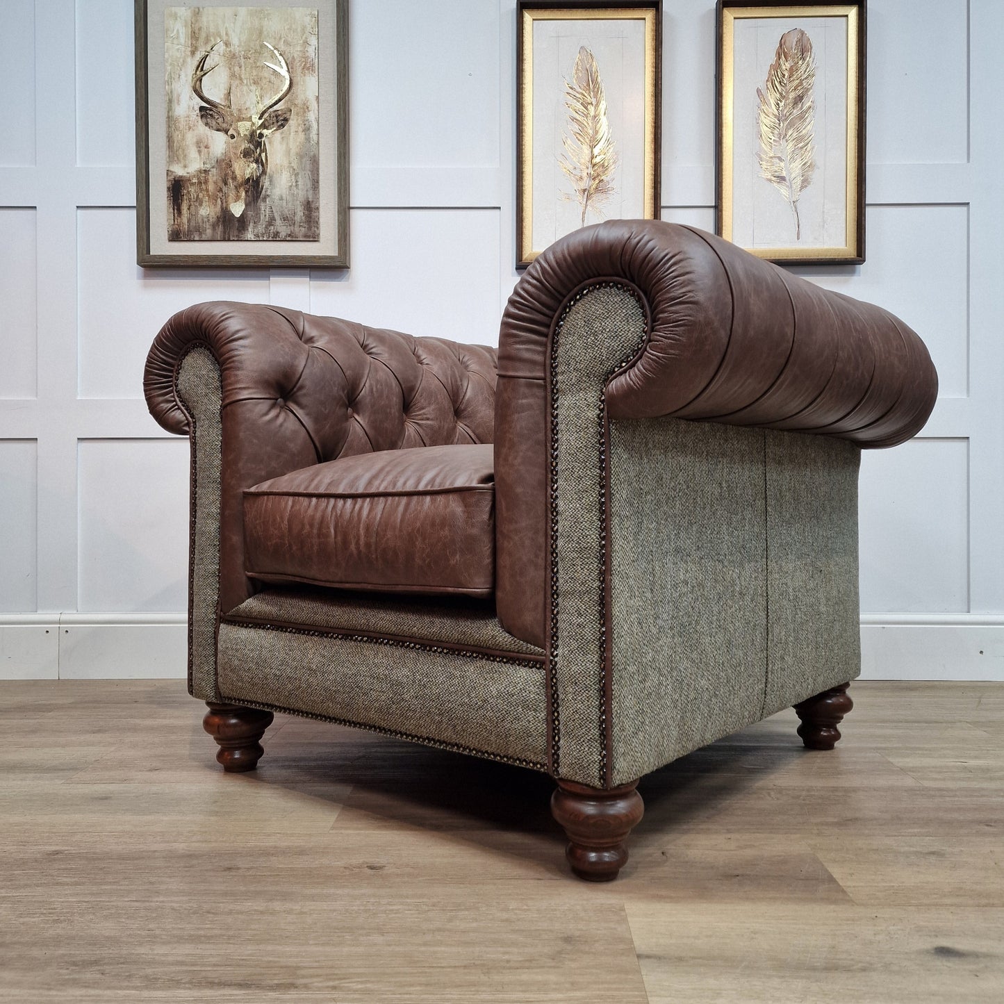 Harris Tweed And Brown Scratch Resistant Leather Armchair - Paisley - Rydan Interiors