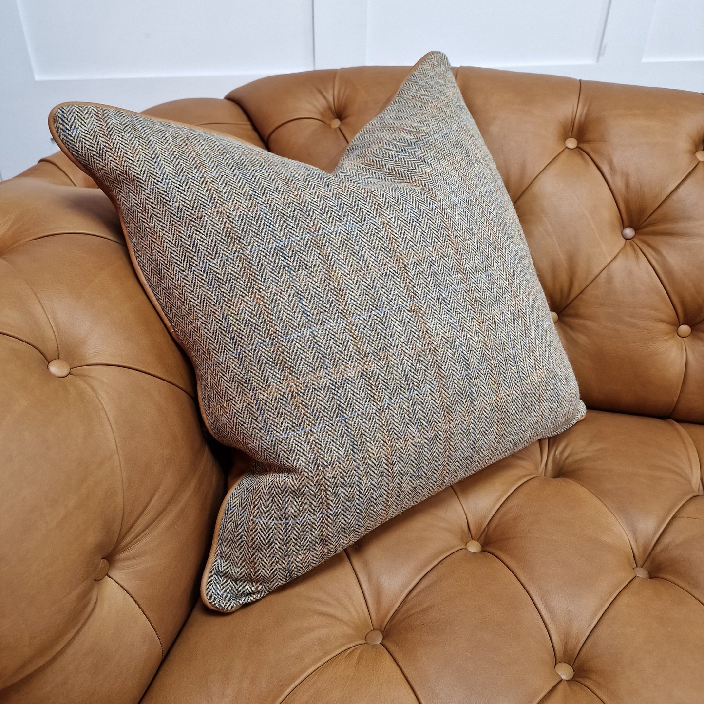 Harris Tweed & Leather Feather Filled Cushions - Multiple Sizes - Rydan Interiors