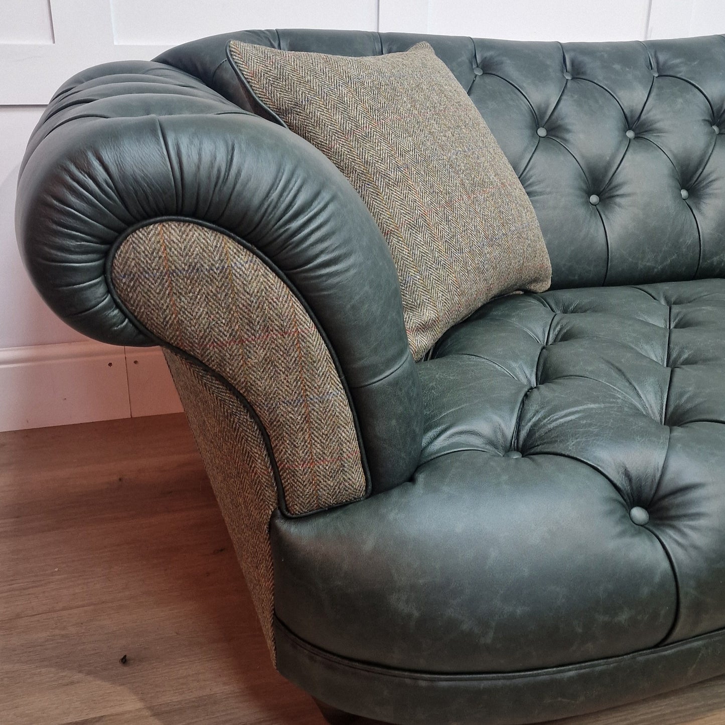 3 Seater Oskar Chesterfield | Heritage Green Leather & Green Mix Harris Tweed (Photography Model) - Rydan Interiors