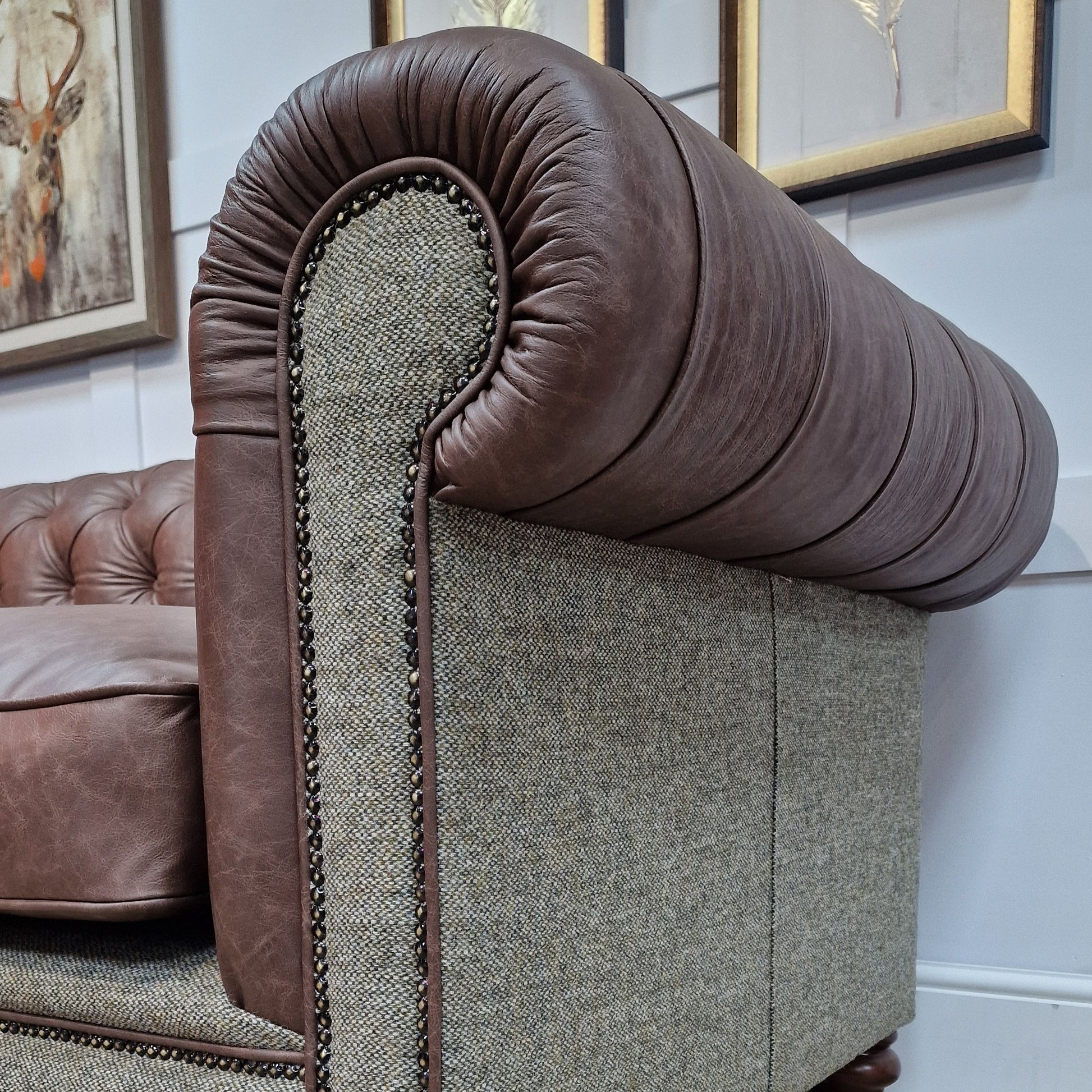 Harris Tweed And Brown Scratch Resistant Leather Sofa - Paisley - Rydan Interiors