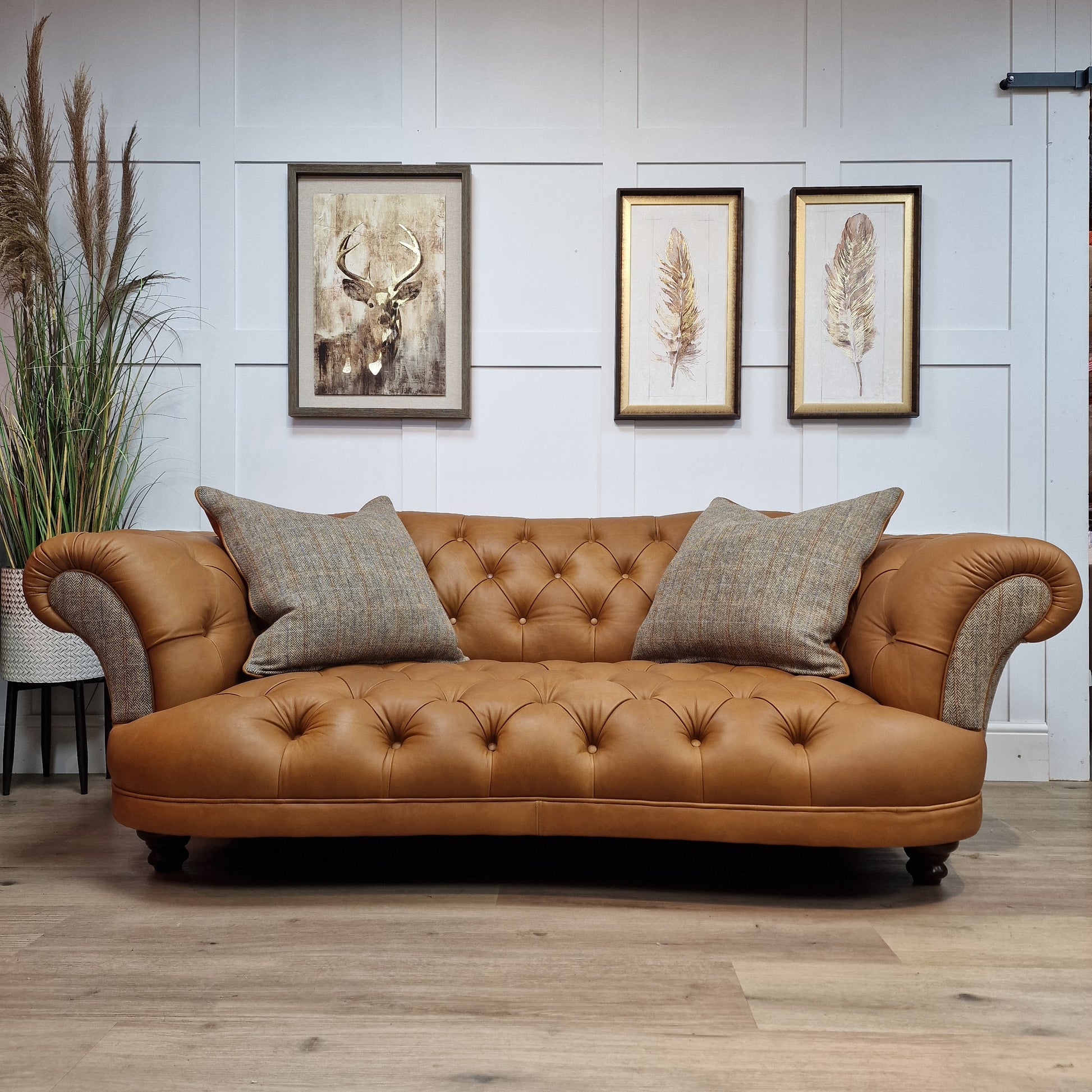 Beige Harris Tweed and Tan Leather Oskar Chesterfield - Rydan Interiors