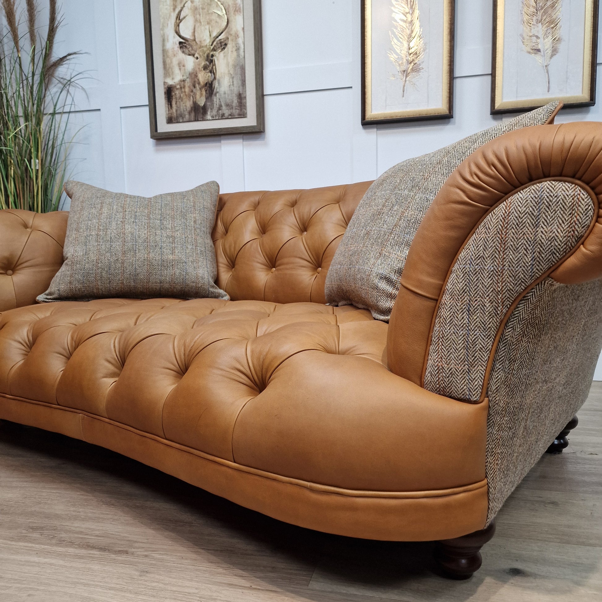 Beige Harris Tweed and Tan Leather Oskar Chesterfield - Rydan Interiors