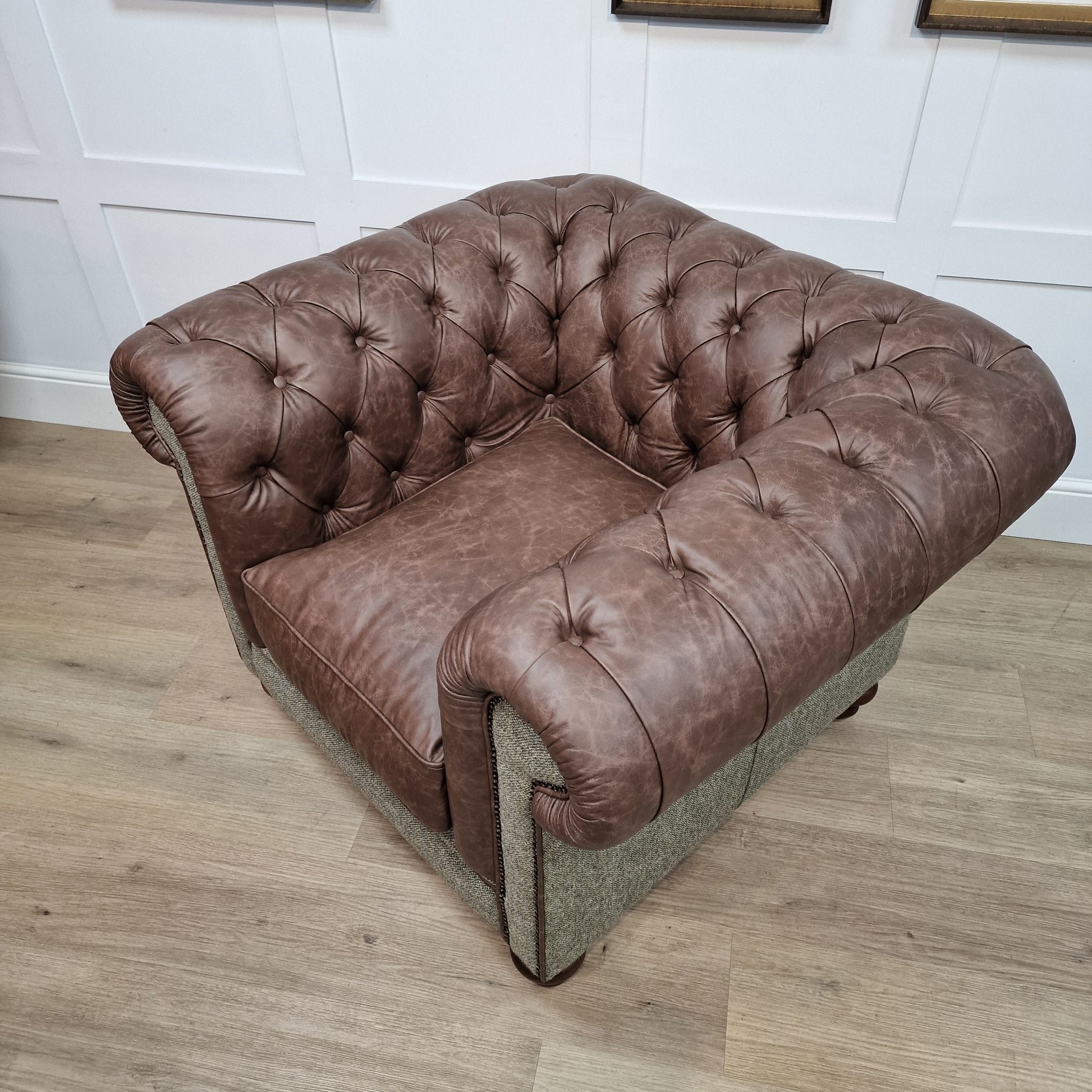 Harris Tweed And Brown Scratch Resistant Leather Armchair - Paisley - Rydan Interiors