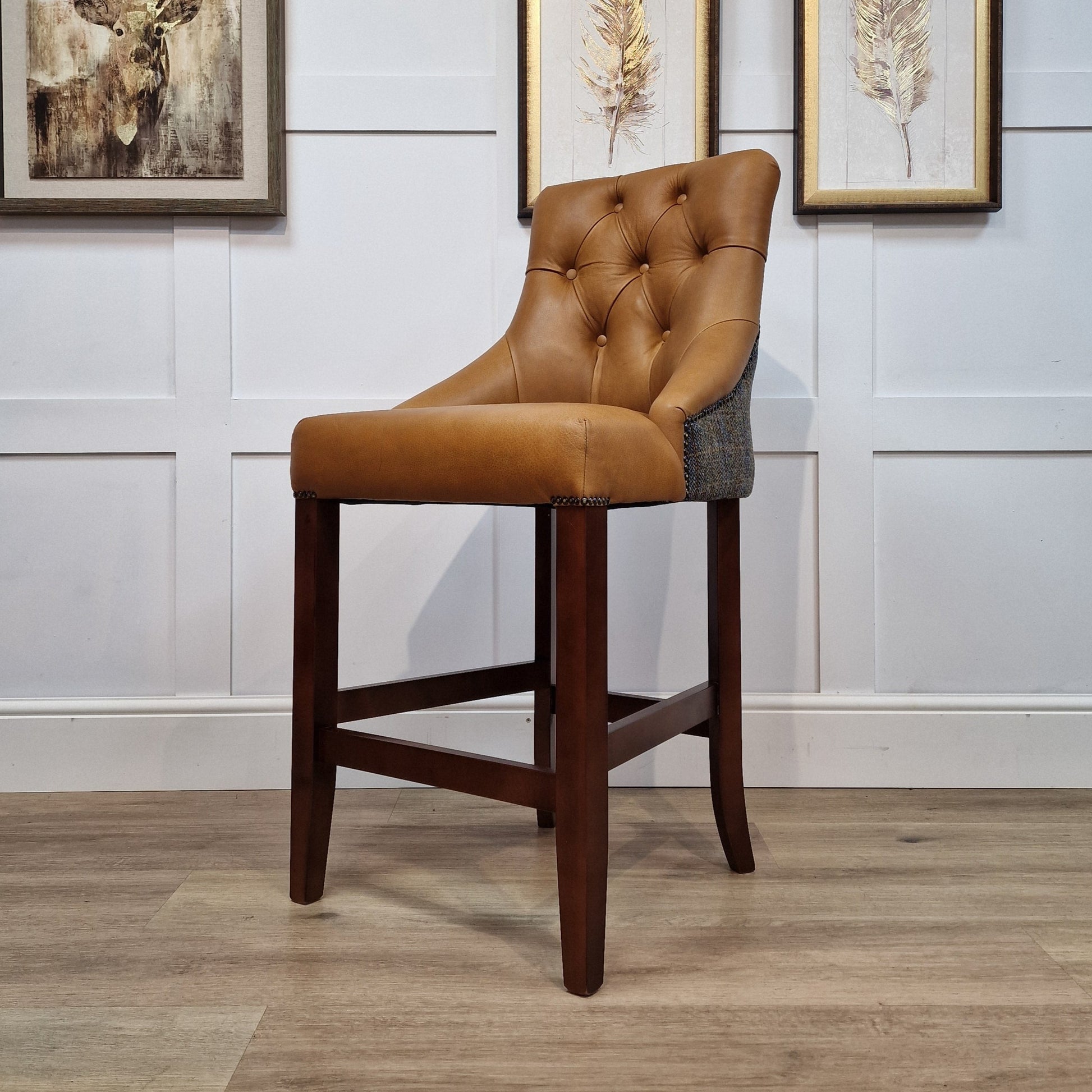 Eddy Grey And Blue Herringbone Harris Tweed and Malfi Tan Leather Barstool - Rydan Interiors