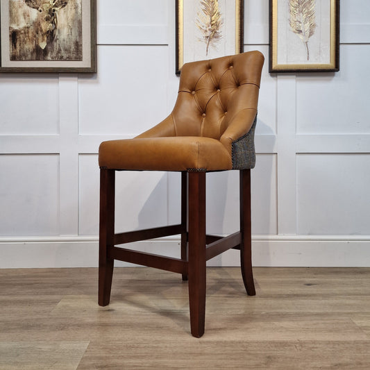 Eddy Grey And Blue Herringbone Harris Tweed and Malfi Tan Leather Barstool