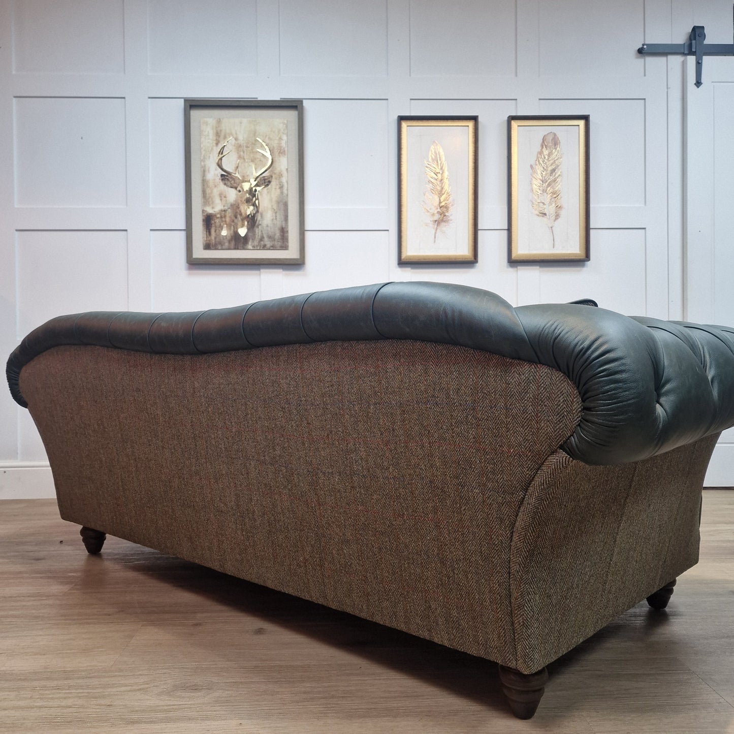 3 Seater Oskar Chesterfield | Heritage Green Leather & Green Mix Harris Tweed (Photography Model) - Rydan Interiors