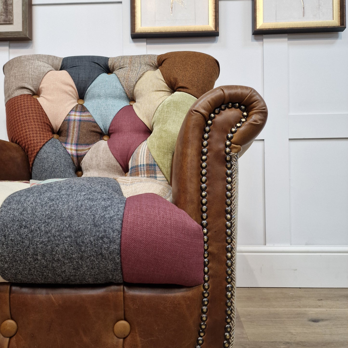 Patchwork Armchair With Leather and Harris Tweed  - Harlequin - Rydan Interiors