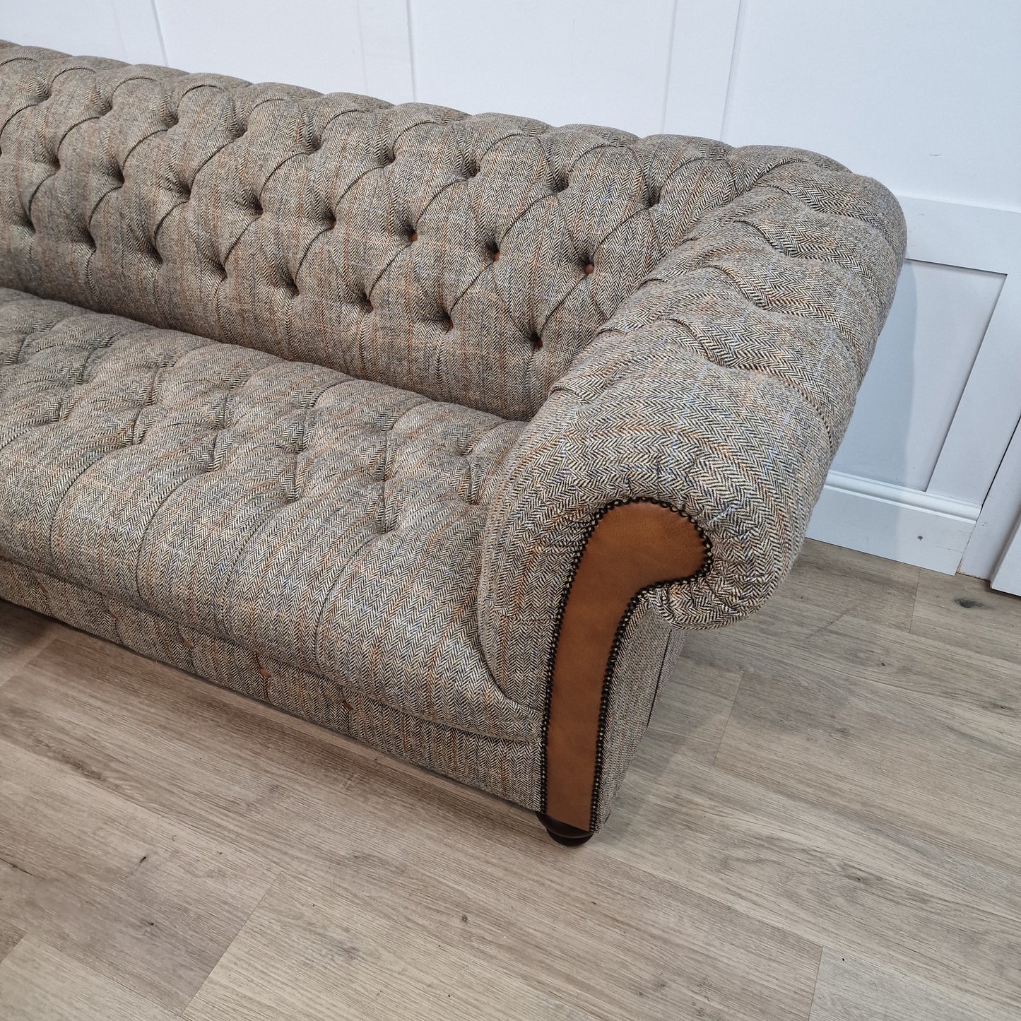 Beige And Brown Harris Tweed And Tan Leather Chesterfield | Stornoway - Rydan Interiors