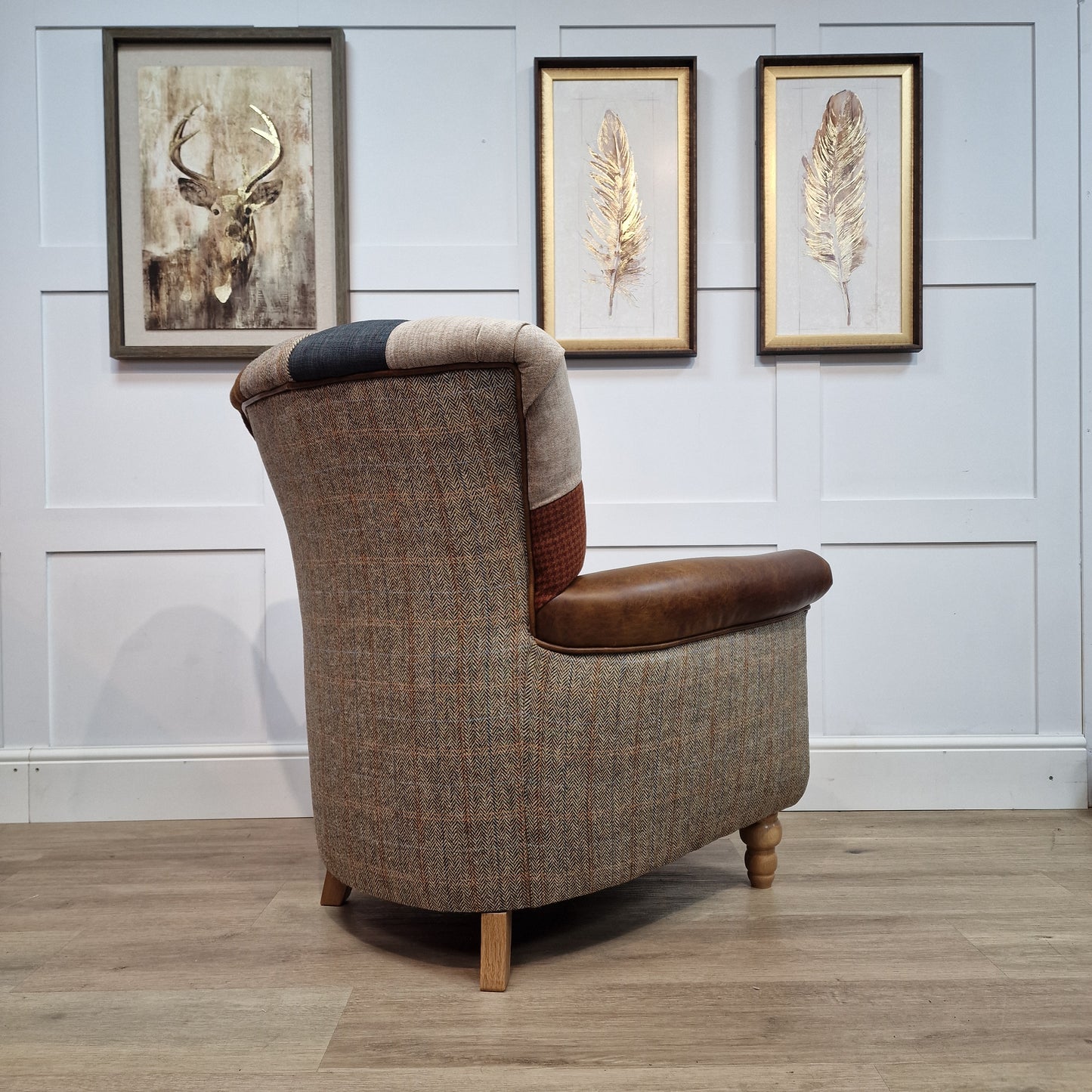 Patchwork Armchair With Leather and Harris Tweed  - Harlequin - Rydan Interiors