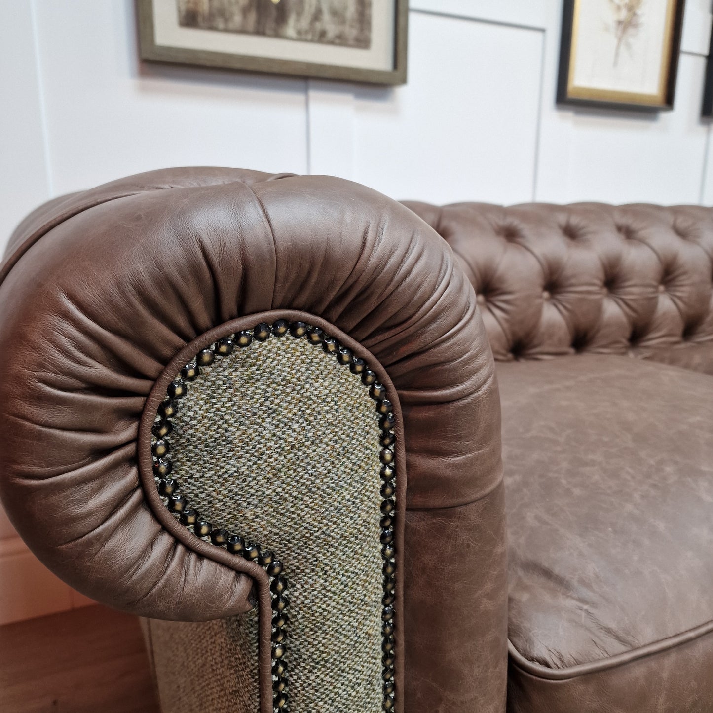 Harris Tweed And Brown Scratch Resistant Leather Sofa - Paisley - Rydan Interiors