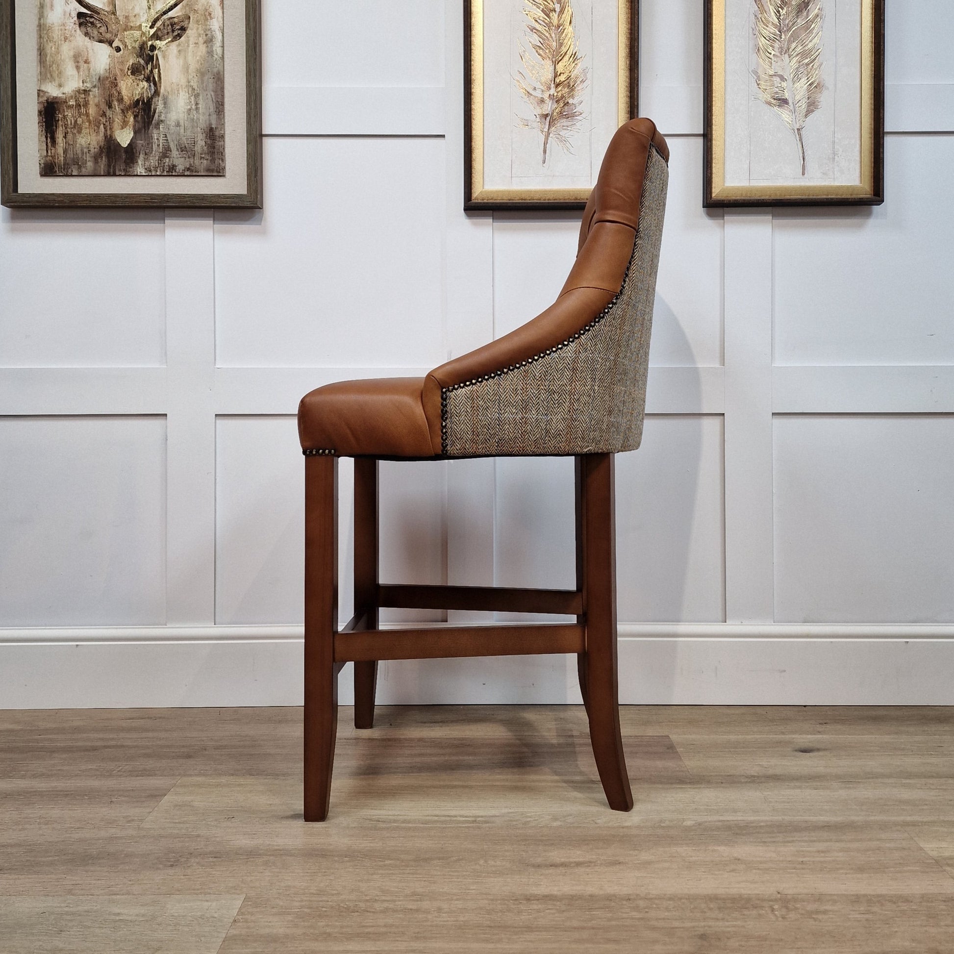 Eddy Brown And Beige Herringbone Harris Tweed and Brandi Leather Barstool - Rydan Interiors